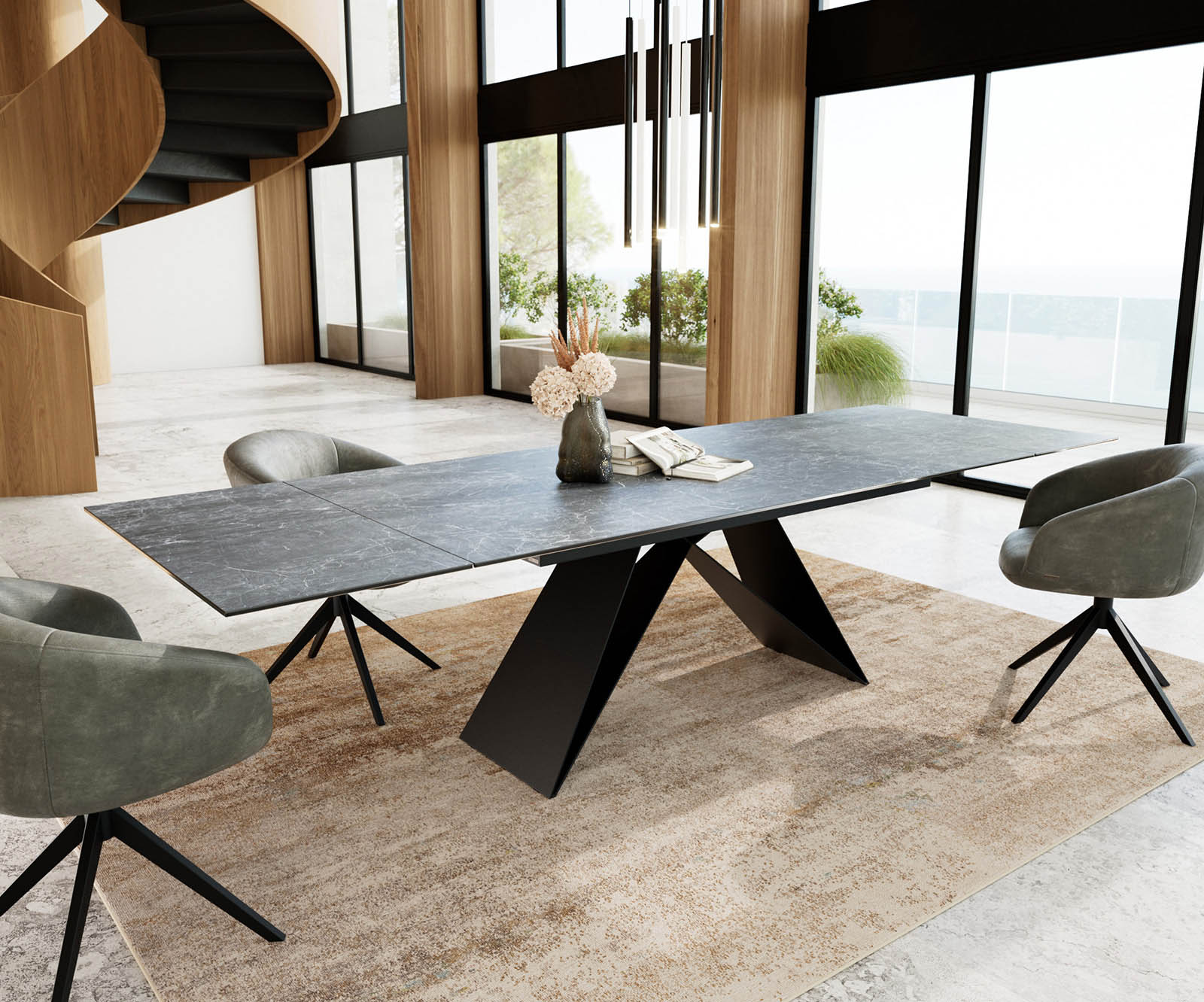 Stół do jadalni Edge 200-300x100 cm ceramika Laminam® Nero Greco antracyt rama V metal czarna rozkładany 4