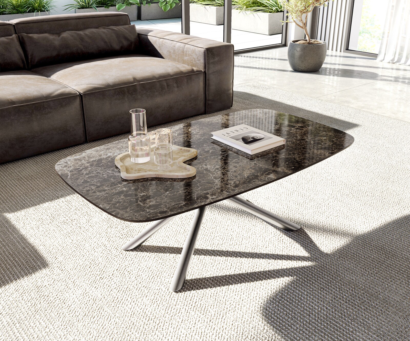 Stolik kawowy Edge w kształcie beczki 120x70 cm ceramika Laminam® Emperador Extra Lucidato ciemnobrązowy Sarity stal nierdzewna szczotkowana