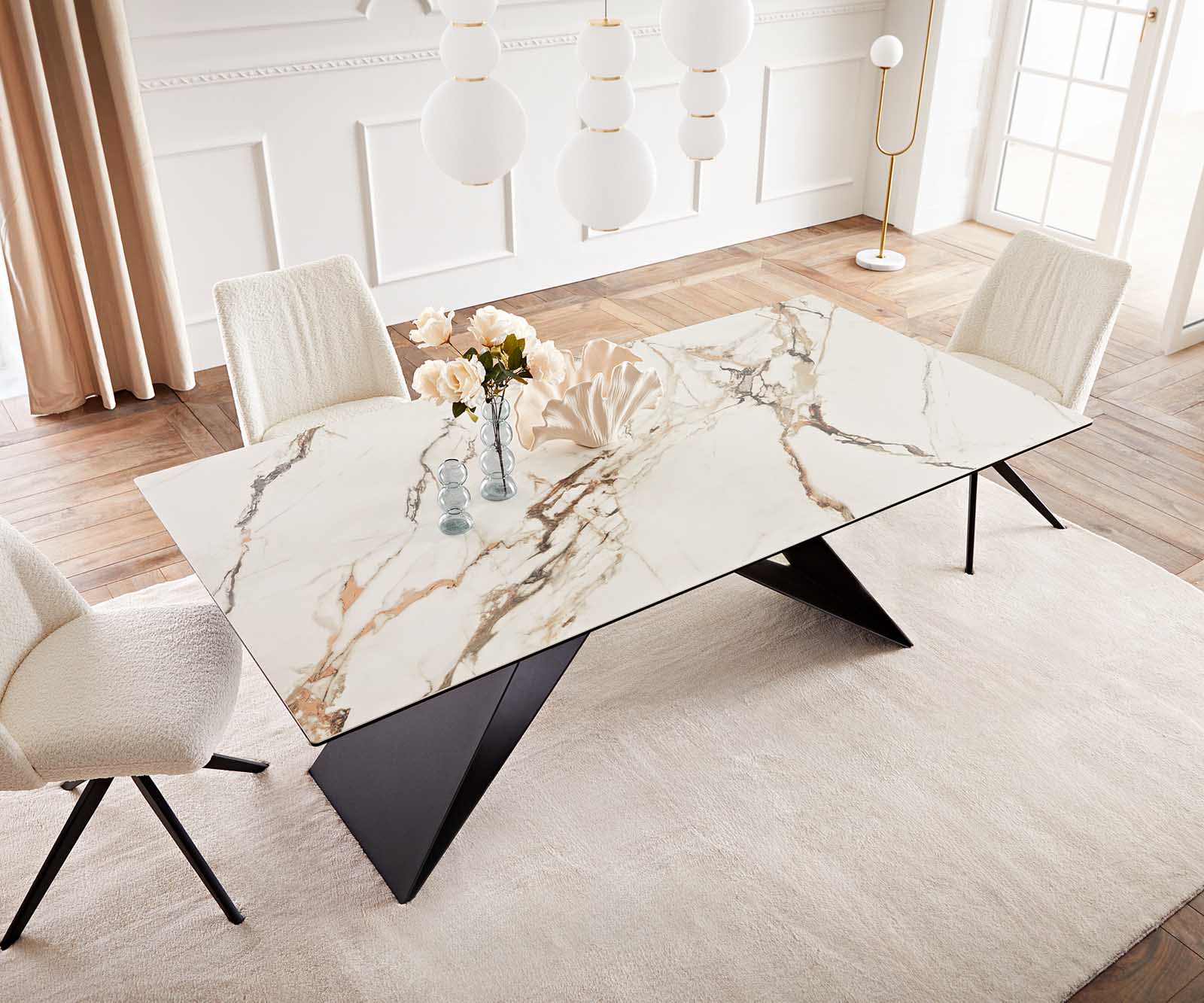 Stół do jadalni Edge 200x100 cm ceramika Calacatta Luxe biało-złoto-szary rama V metal czarna 5