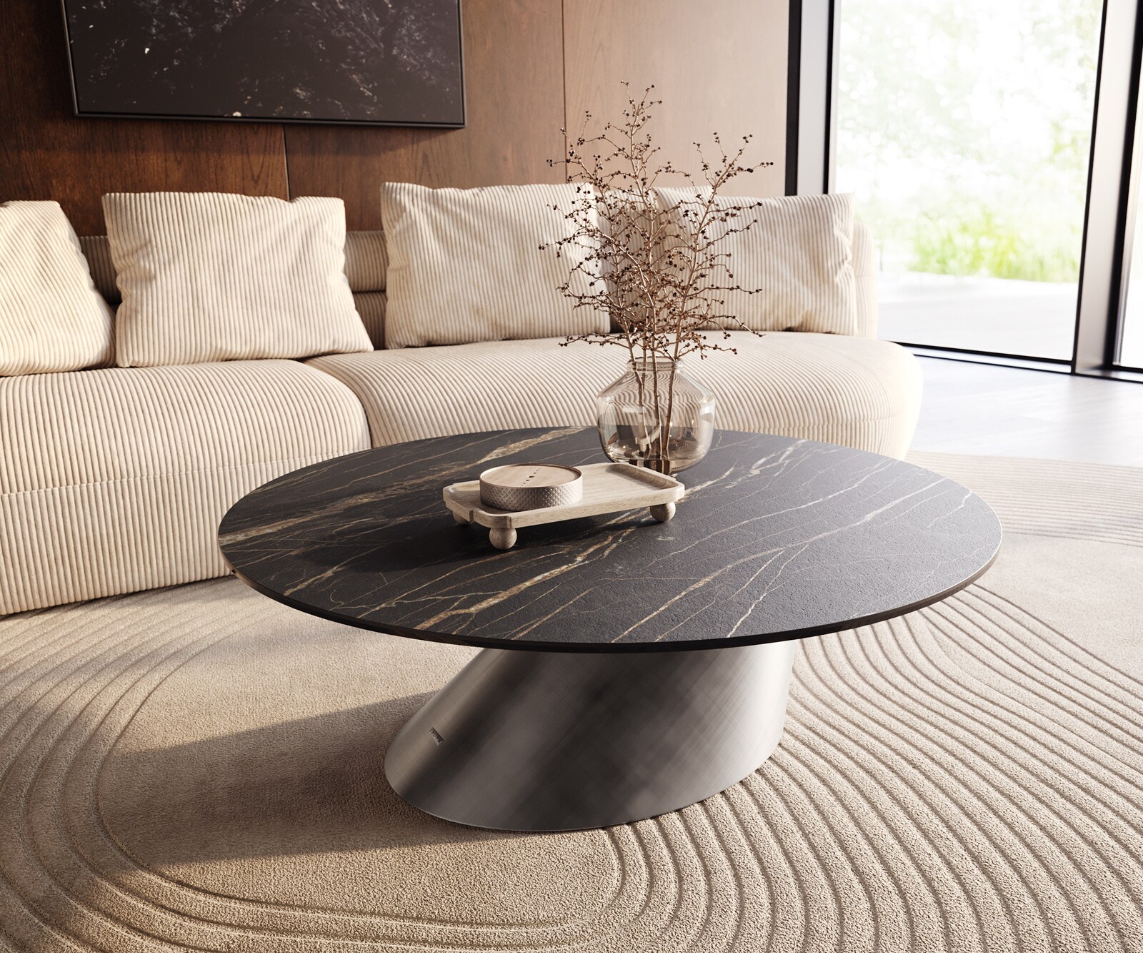 Stolik kawowy Edge okrągły 100x100 cm ceramika Laminam® Noir Desir brązowy Conis srebrny metaliczny 1