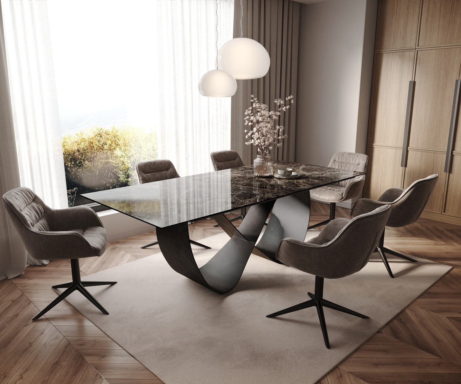 Stół do jadalni Edge 180-220x100cm ceramika Laminam® Emperador Extra Lucidato ciemnobrązowy rama Infinity metal czarny rozkładany 6