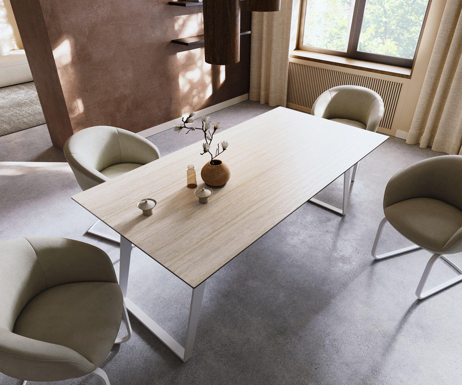 Stół do jadalni Edge 200x100cm ceramika Laminam® Travertino Bianco kremowo-biały metal pochylona rama biała 3