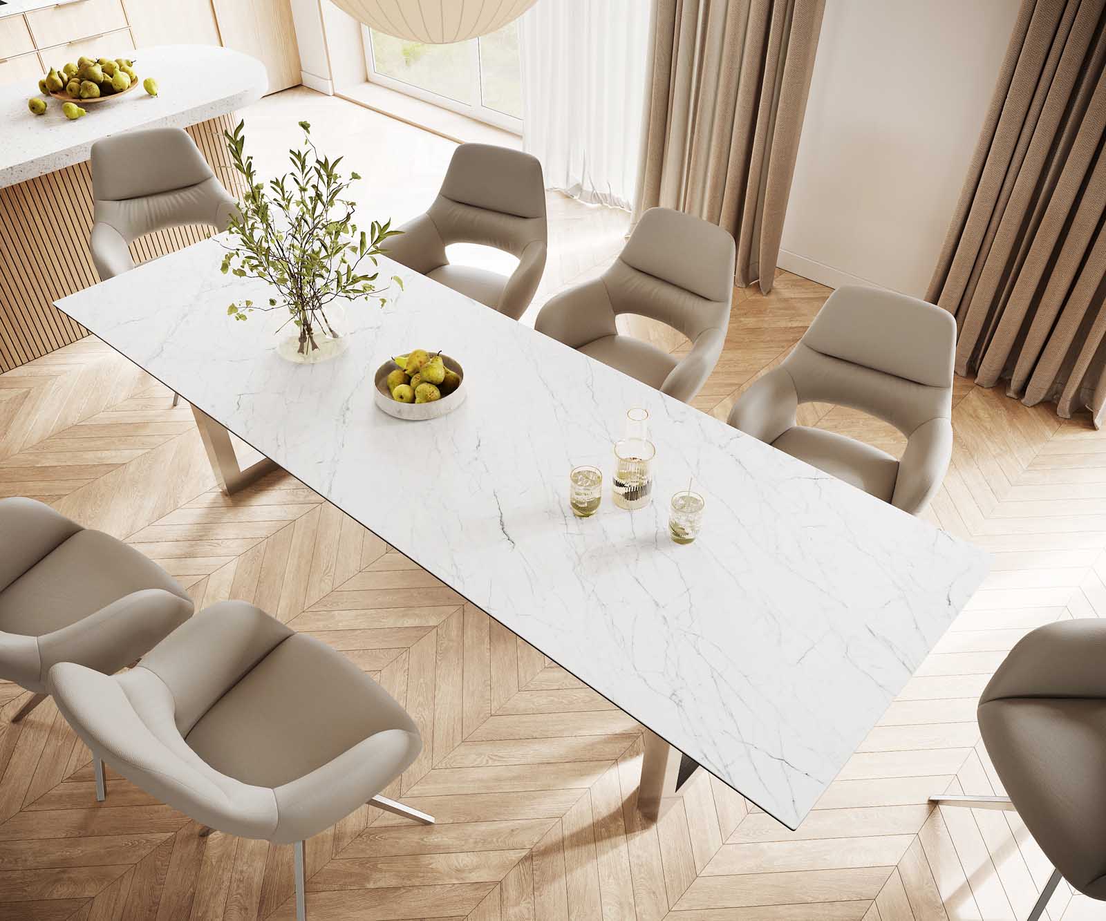 Stół do jadalni Edge 300x100cm ceramika Laminam® Statuarietto biały stal nierdzewna szeroka rama 3