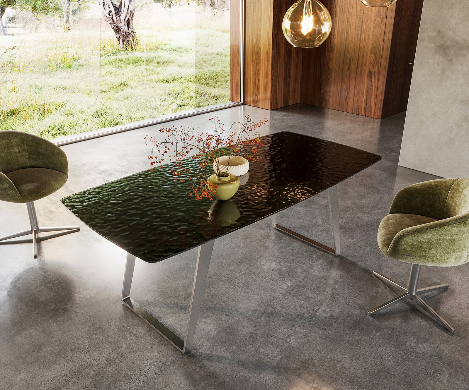 Stół do jadalni Edge w kształcie beczki 200x100cm szkło reliefowe dymione czarne efekt 3D stal nierdzewna rama pochylona