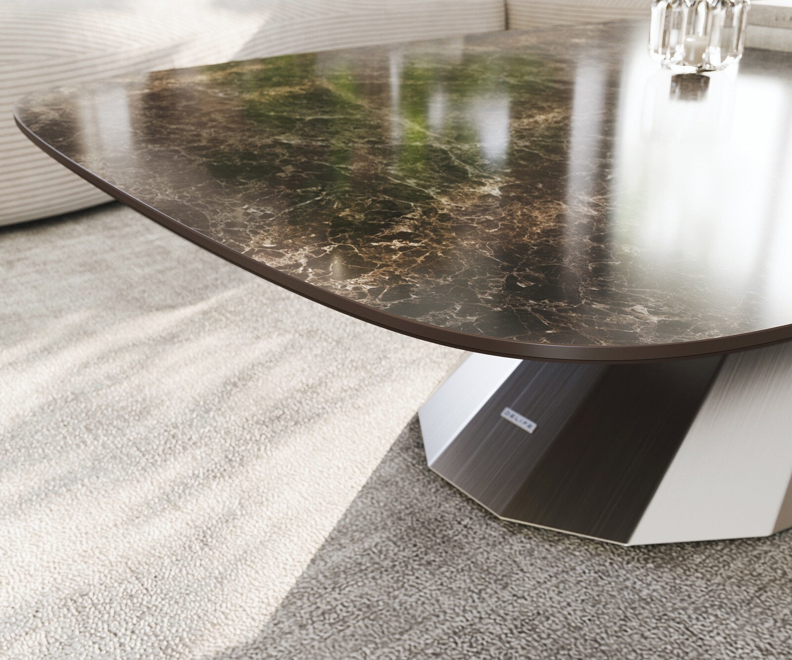 Stolik kawowy Edge w kształcie beczki 140x80 cm ceramika Laminam® Emperador Extra Lucidato ciemnobrązowa podstawa Parabi stal nierdzewna szczotkowana 6