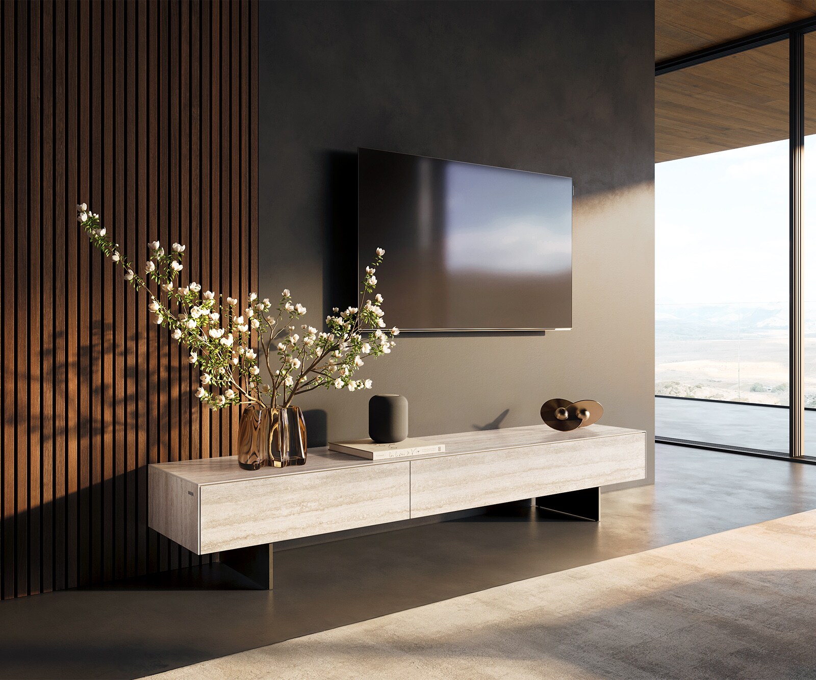 Szafka RTV Cuor 200 cm ceramika Laminam® Travertino Bianco kremowo-biała 1 klapa 1 szuflada nóżki wąskie metal czarny