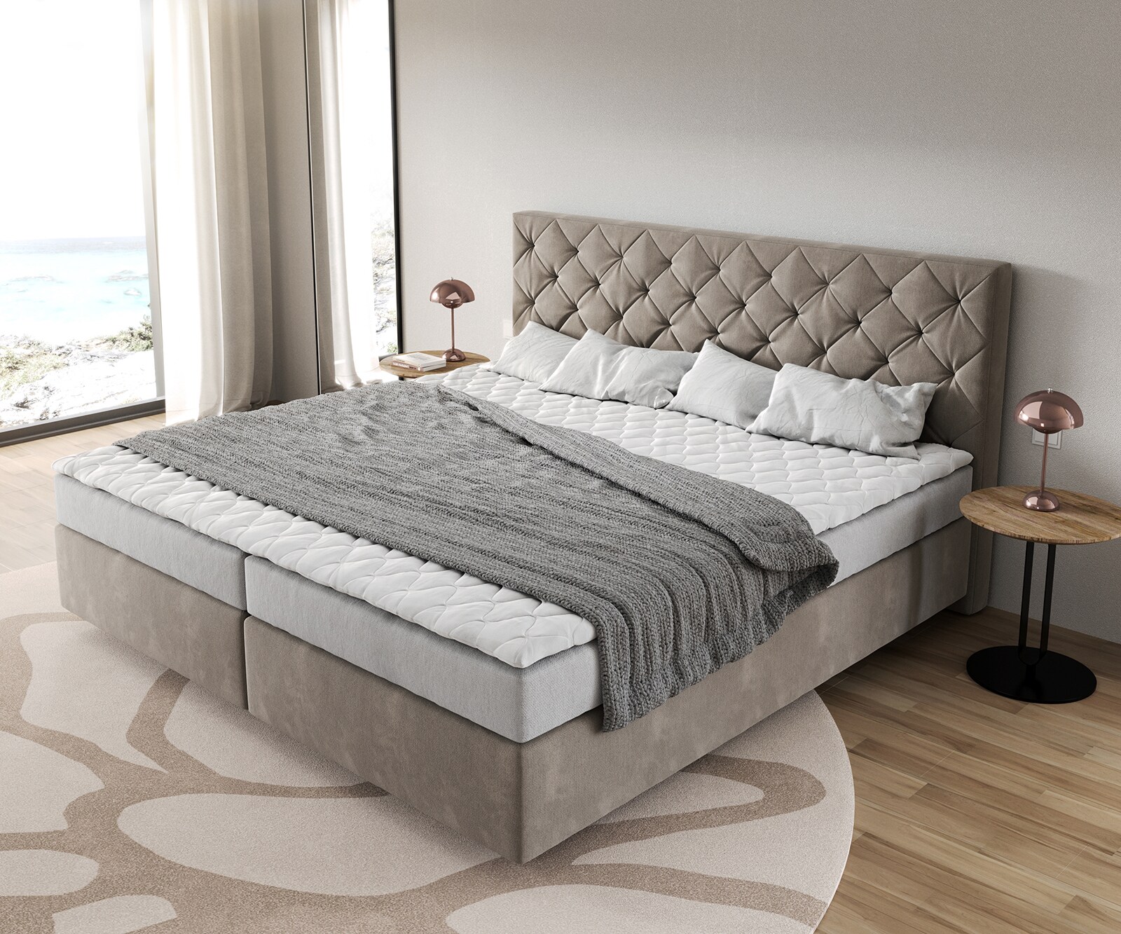 Łóżko kontynentalne Dream-Great mikrofibra beżowa 200x200cm materac bonellowy topper PU 3