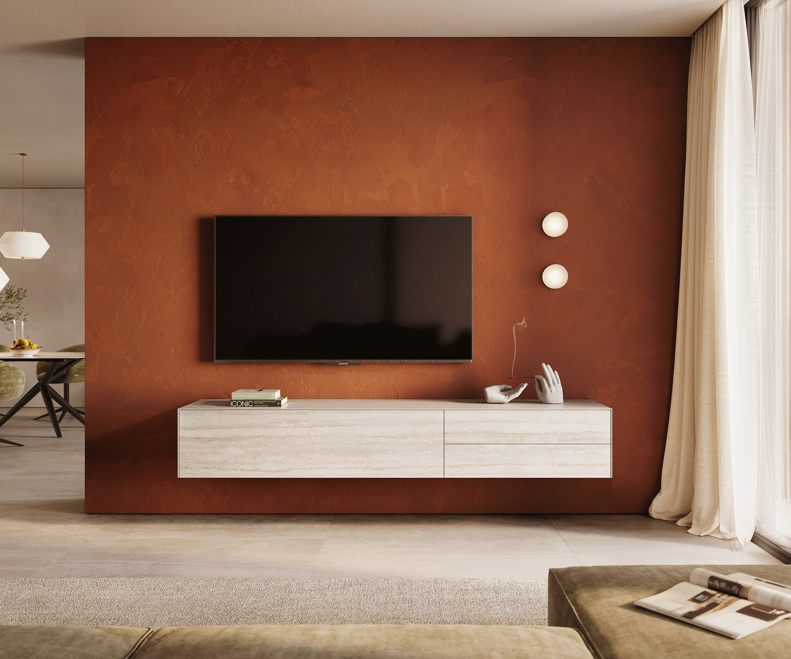 Szafka RTV Cuor 220 cm ceramika Laminam® Travertino Bianco kremowo-biała 1 klapa 2 szuflady podwieszana 2