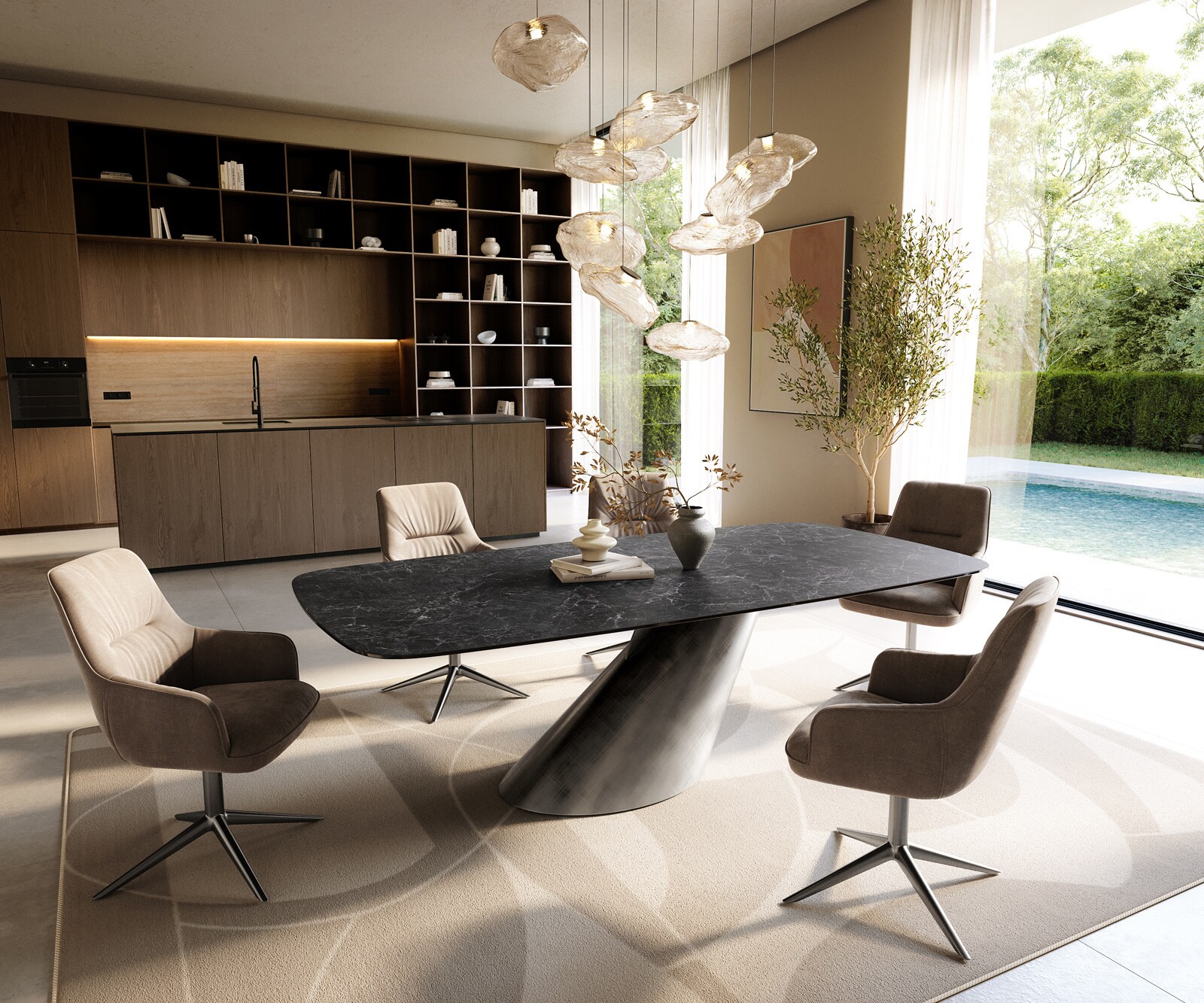 Stół do jadalni Edge w kształcie beczki 240x120 ceramika Laminam® Nero Greco antracytowa rama Cono metaliczny srebrny 6