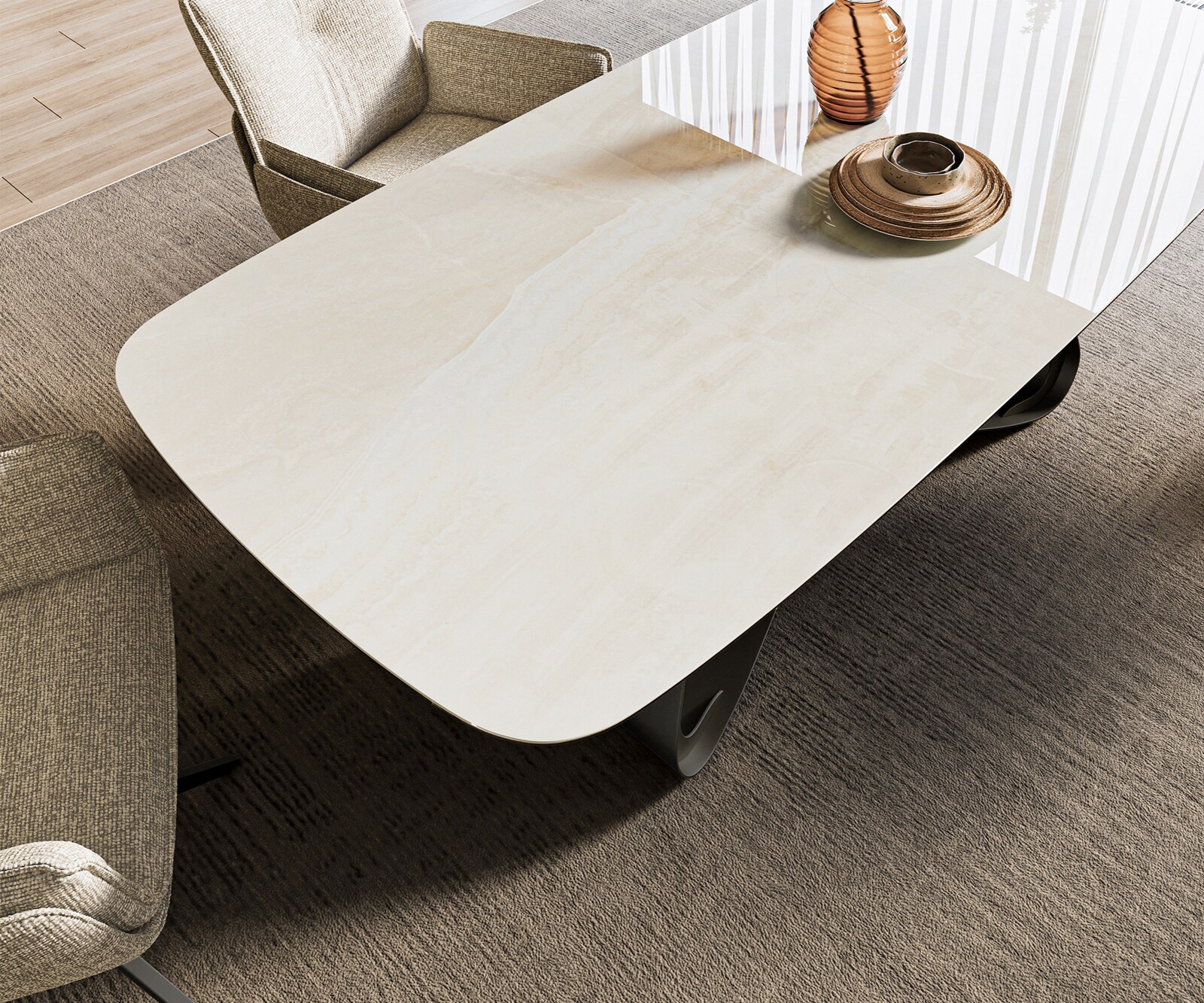 Stół do jadalni Edge w kształcie beczki 200x100 cm ceramika Onyx Champagne rama typu W metal czarny 3