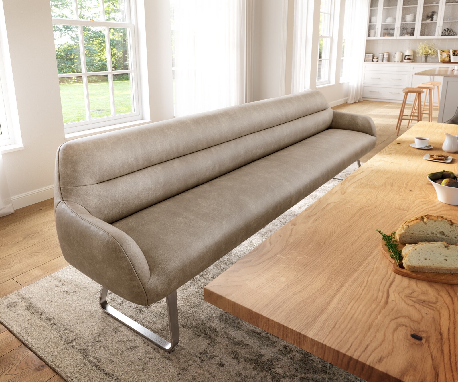 Ławka do jadalni Taya-Flex 300 cm mikrofibra beżowy vintage podstawa płozowa płaska stal nierdzewna sprężyny kieszeniowe 1