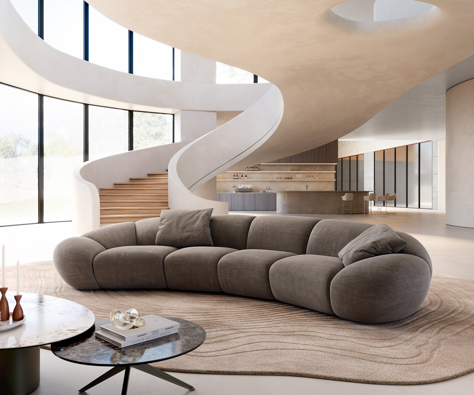 Sofa Lunna 360x175 cm miękka tkanina strukturalna szaro-brązowa 2 poduszki 1
