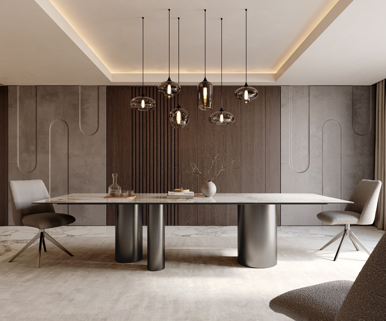 Stół do jadalni Edge 300x100cm ceramika Minas Melange biało-beżowy rama Troa stal nierdzewna grafit 1