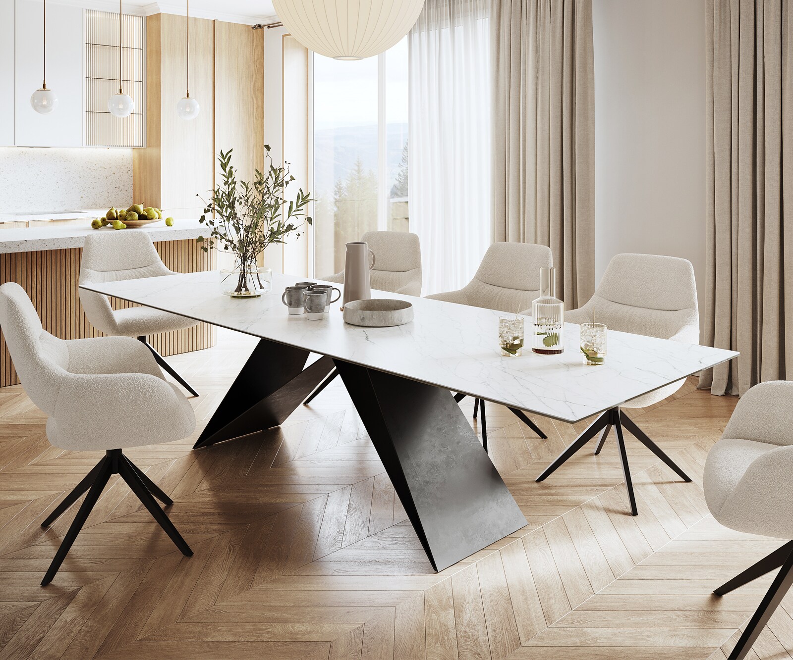 Stół do jadalni Edge 300x100cm ceramika Laminam® Statuarietto biały rama V czarna