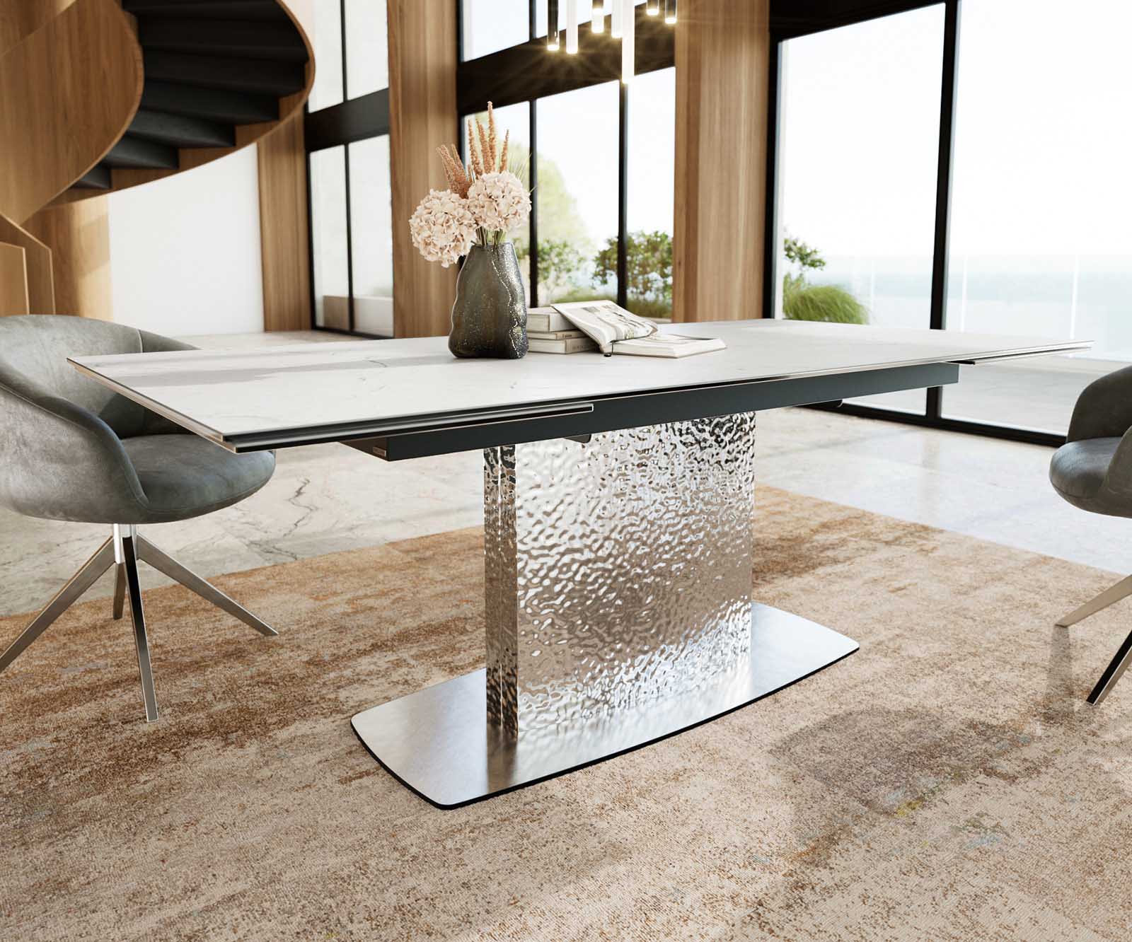 Stół do jadalni Edge 200-300x100 cm ceramika Laminam® Statuarietto biały rama Wave stal nierdzewna rozkładany 5
