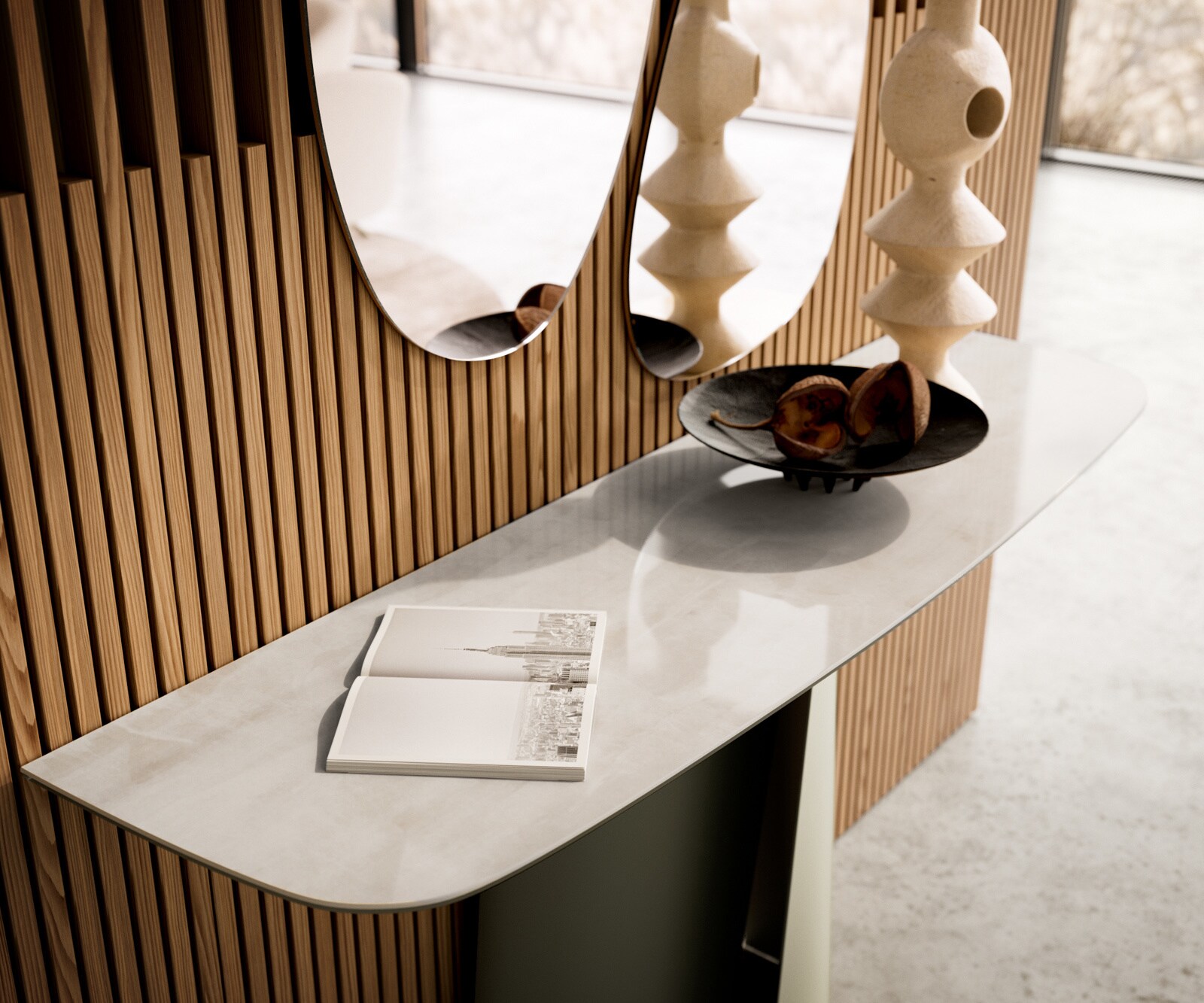 Konsola Edge w kształcie beczki 140x40 cm ceramika Onyx Champagne podstawa Livos metal w kolorze tytanu 6