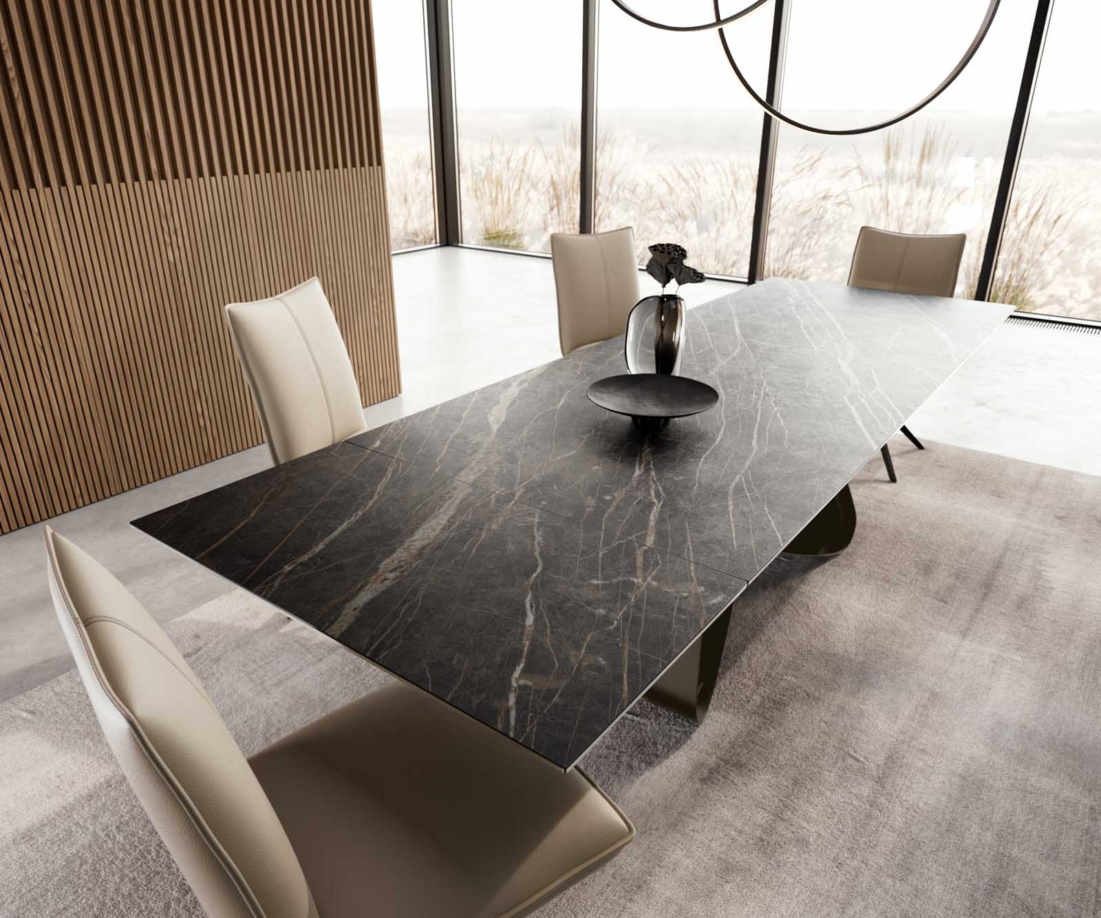 Stół do jadalni Edge 200-300x100 cm ceramika Laminam® Noir Desir brązowy rama W kolor tytanowy rozkładany 4