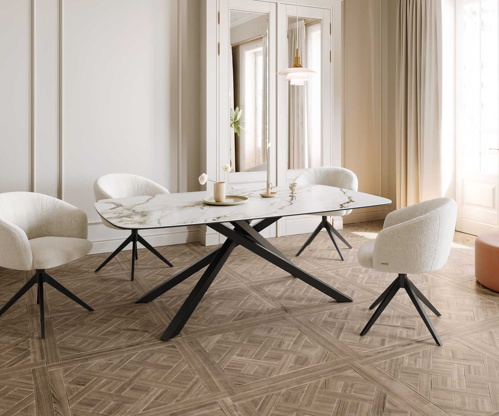 Stół do jadalni Edge kształt beczki 200x100cm ceramika Calacatta Luxe biało-złoto-szary rama Cross czarna 6