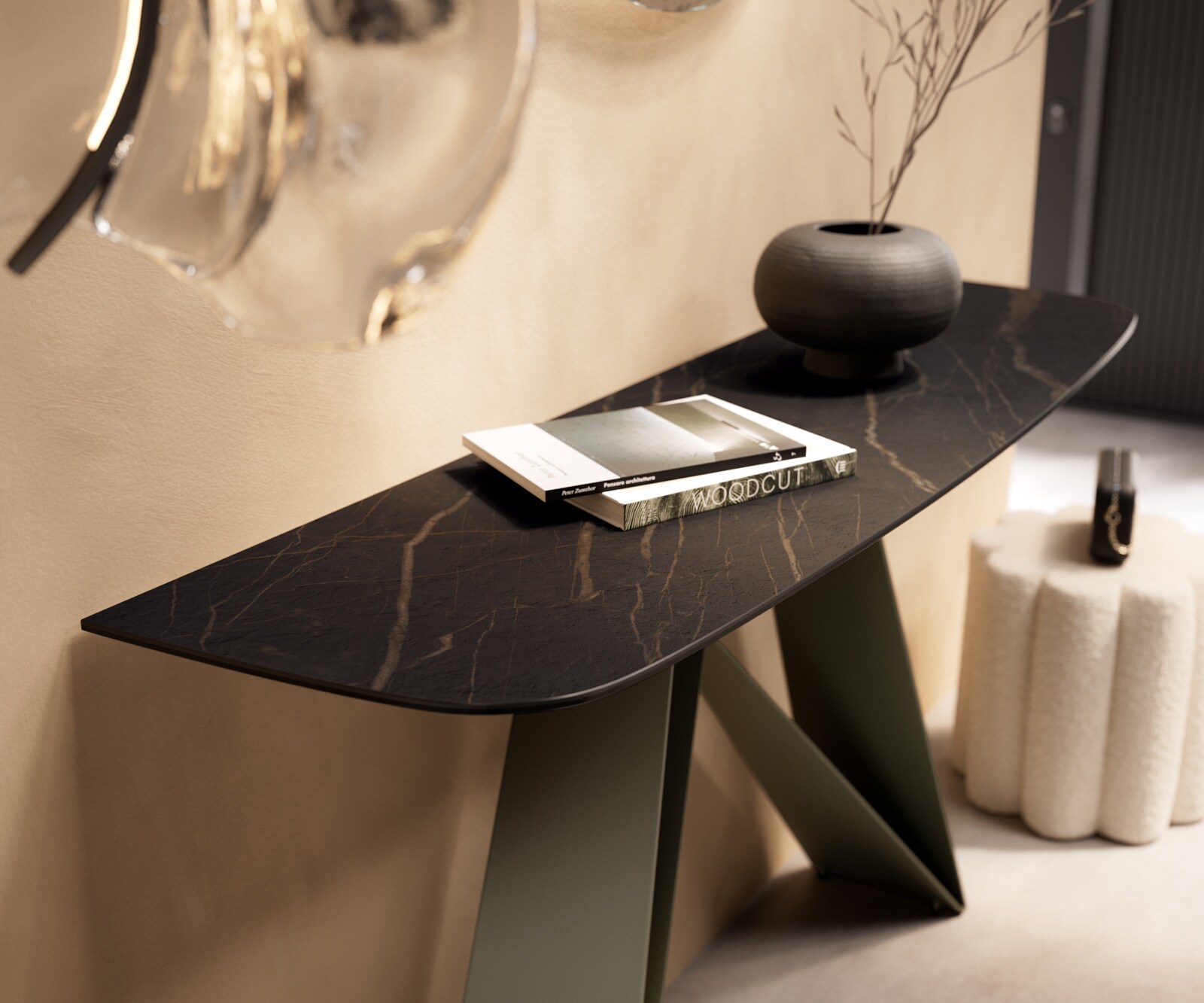 Konsola Edge w kształcie beczki 140x40 cm ceramika Laminam® Noir Desir brązowa podstawa Velio metal w kolorze tytanu 6