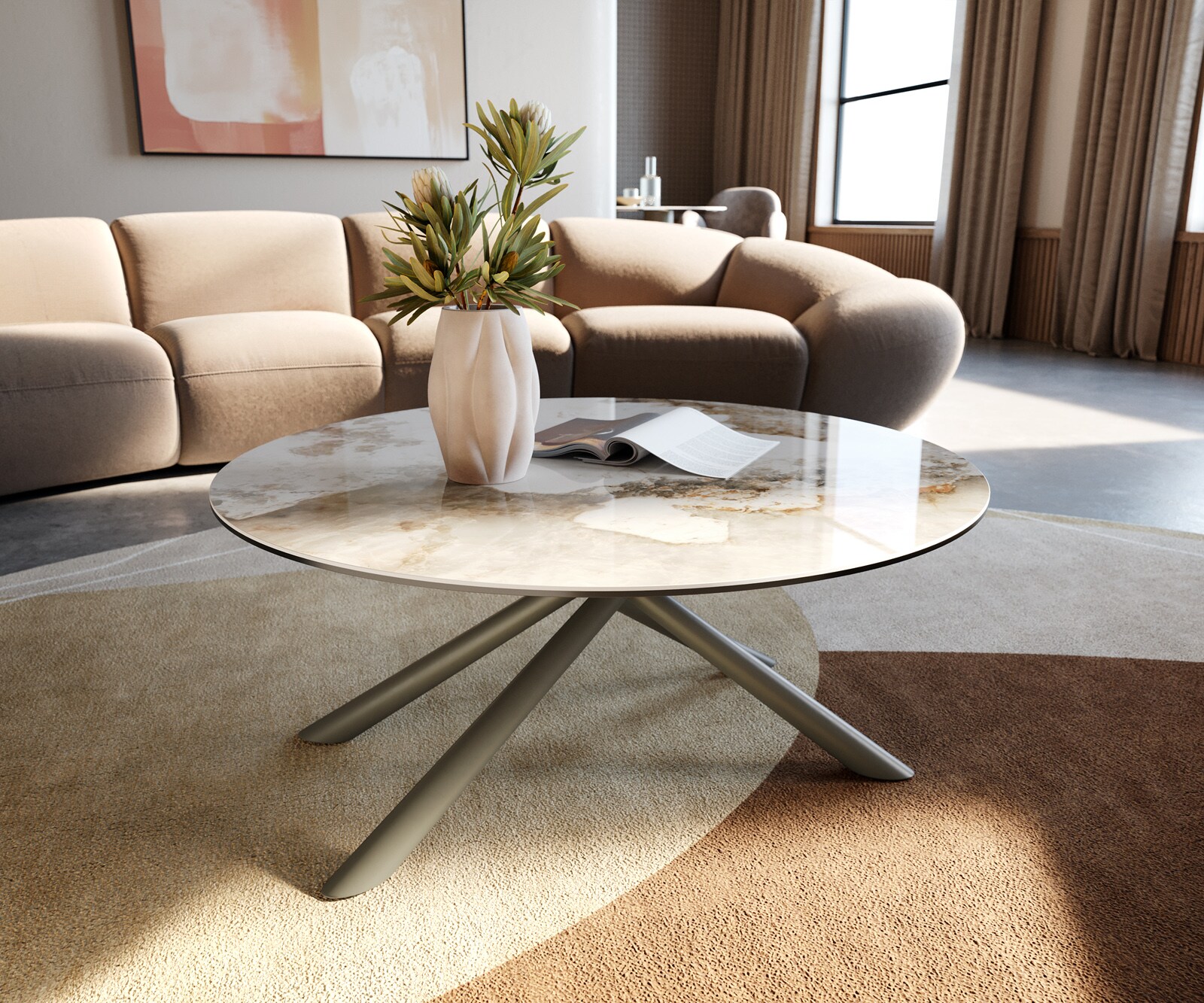 Stolik kawowy Edge okrągły 90x90 cm ceramika Minas Melange podstawa Sarity metal w kolorze tytanowym 1