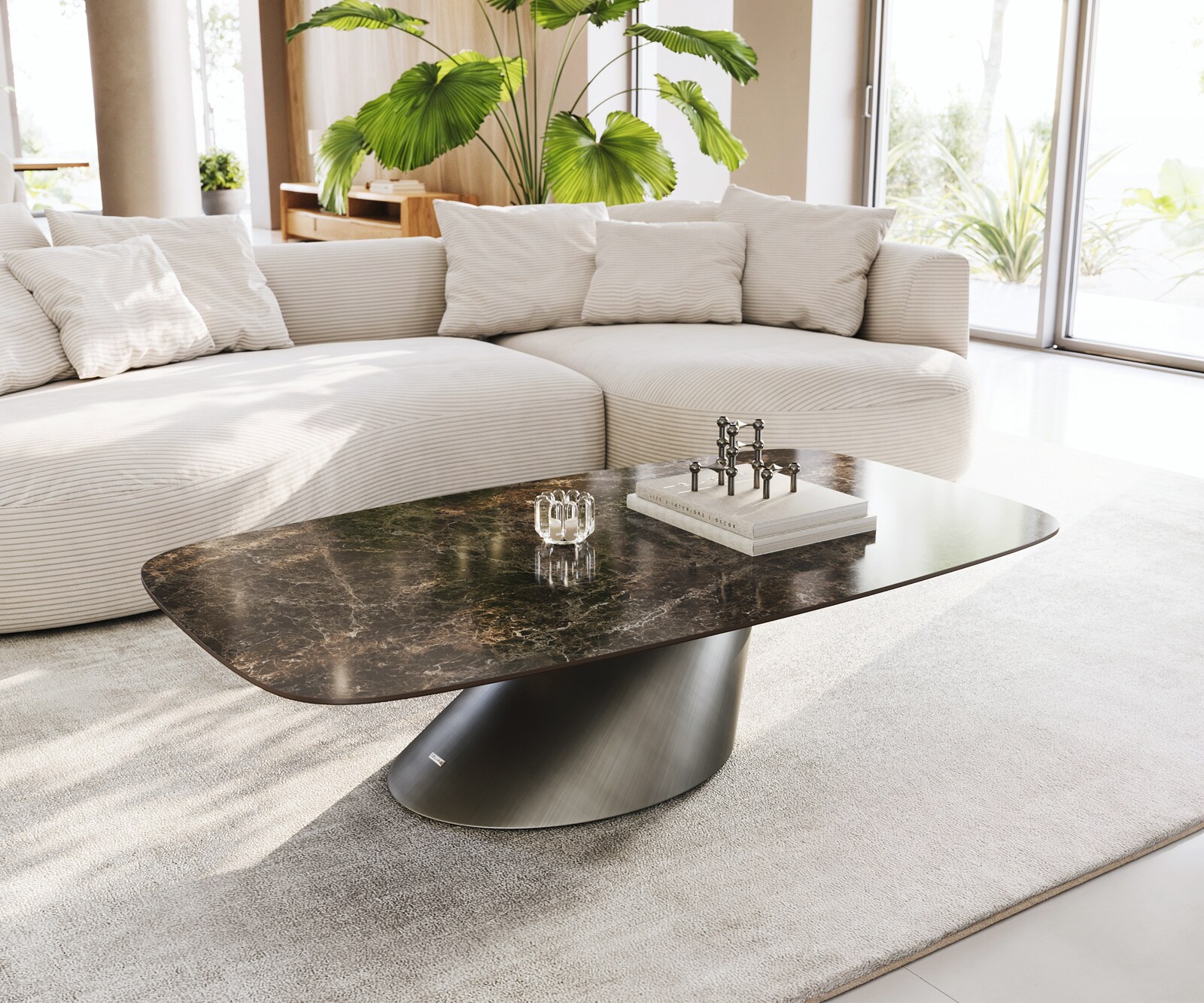 Stolik kawowy Edge w kształcie beczki 140x80 cm ceramika Laminam® Emperador Extra Lucidato ciemnobrązowy Conis srebrny metaliczny 1