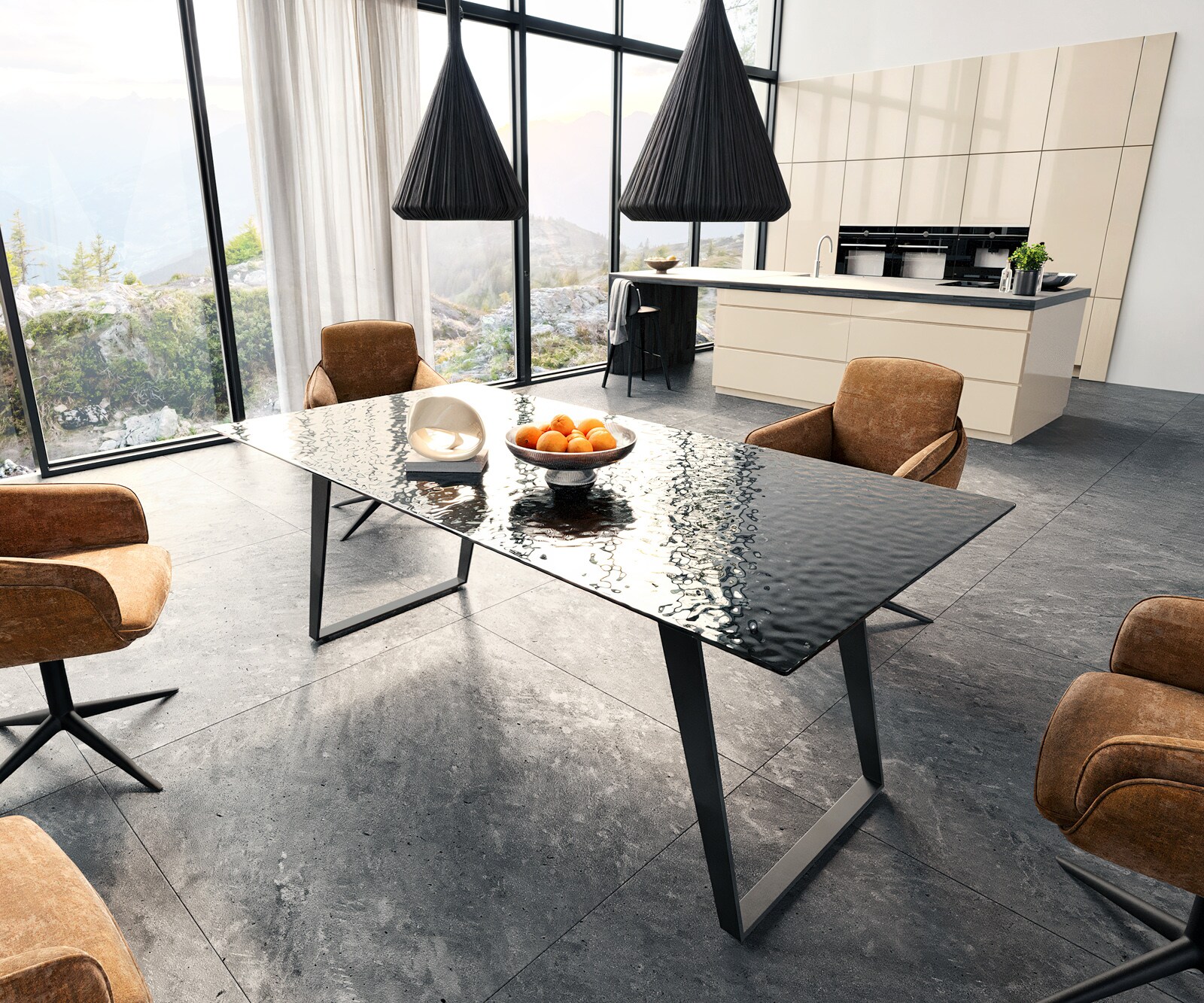 Stół do jadalni Edge 200x100 cm szkło reliefowe czarne efekt 3D metal pochylona rama czarna