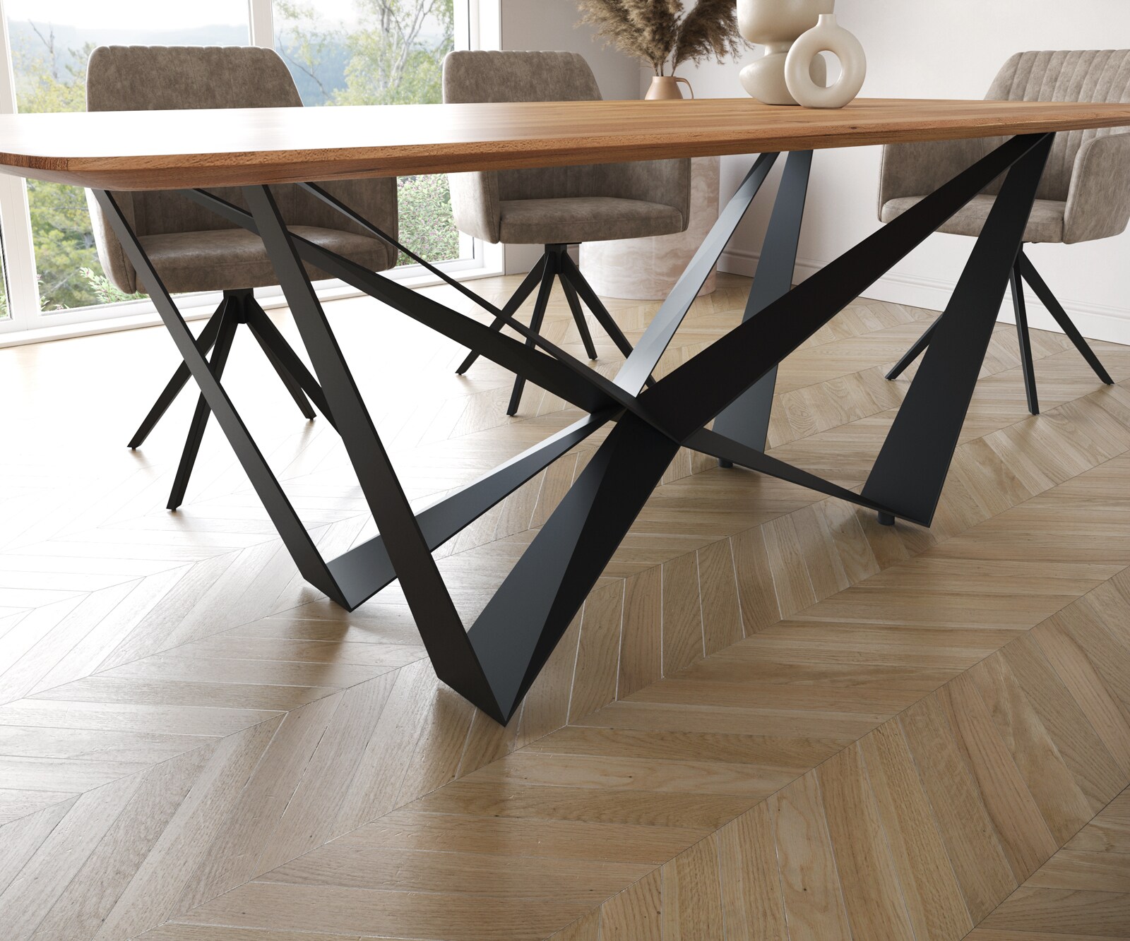 Stół do jadalni Edge kształt beczki 200x100cm akacja naturalna rama Spider metal czarna krawędź szwajcarska 6