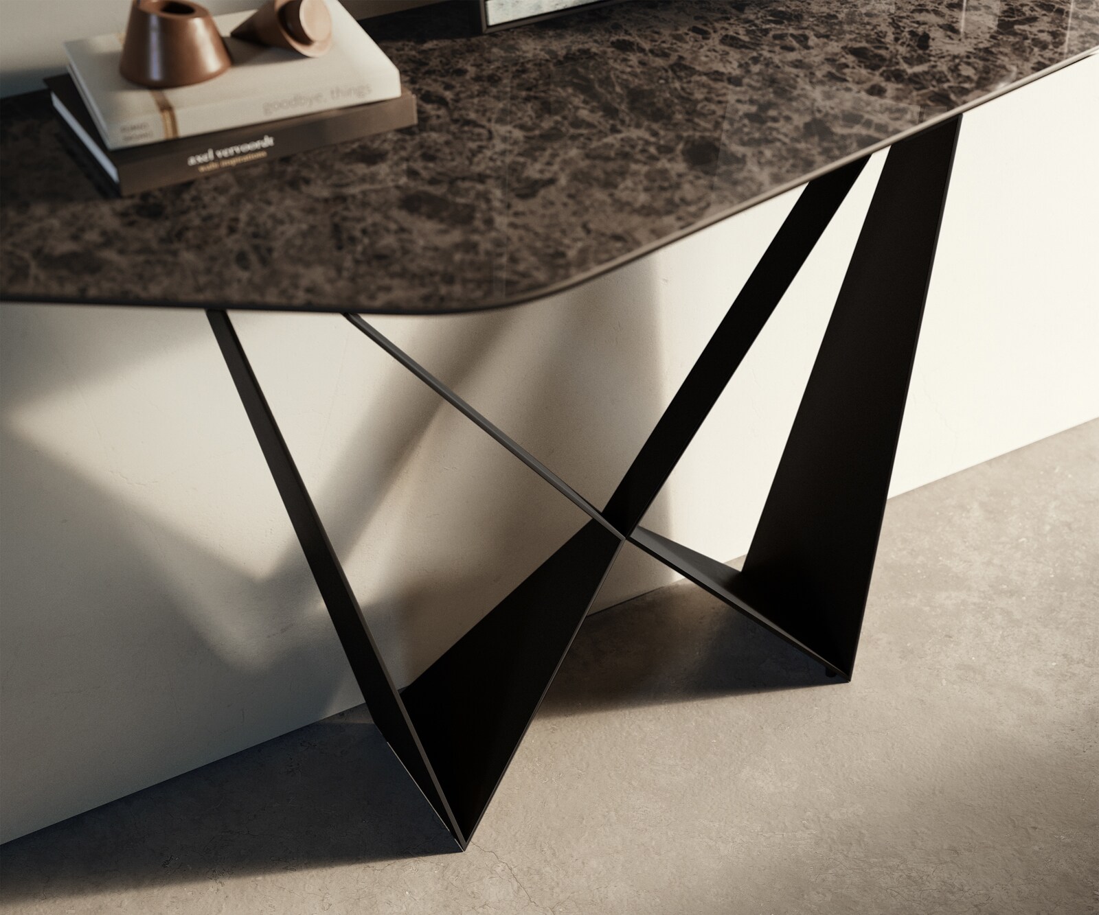 Konsola Edge wielokątna 140x50 cm ceramika Emperador Extra Lucidato ciemnobrązowa podstawa Spios metal czarny 6