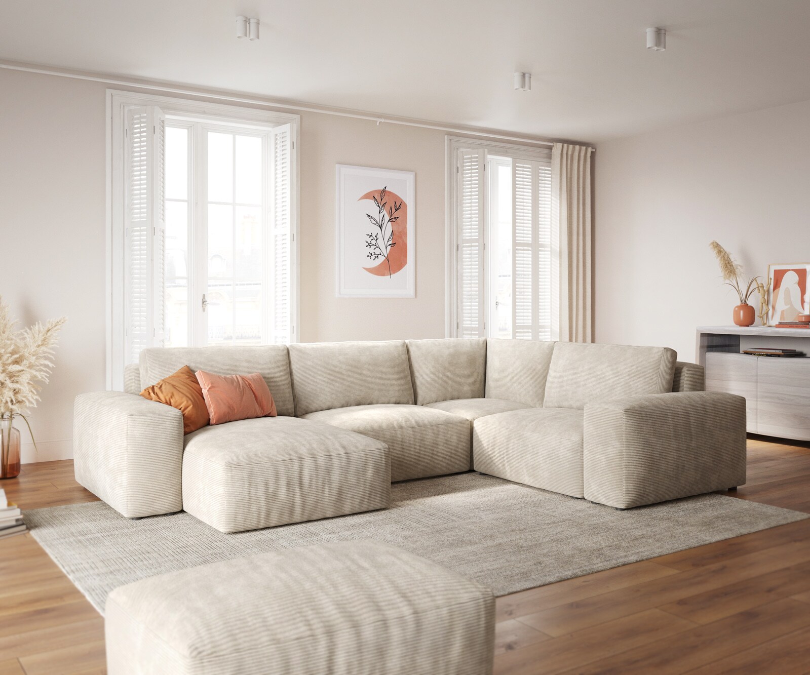 Sofa w kształcie litery U Lanzo 300x210 cm sztruks beżowy szezlong z możliwością obustronnego montażu z pufem