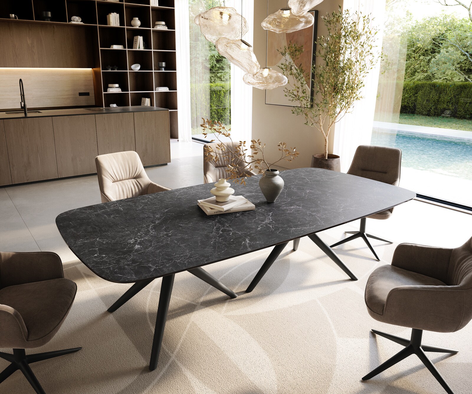 Stół do jadalni Edge w kształcie beczki 240x120 ceramika Laminam® Nero Greco antracyt rama Estelar metal czarny 1