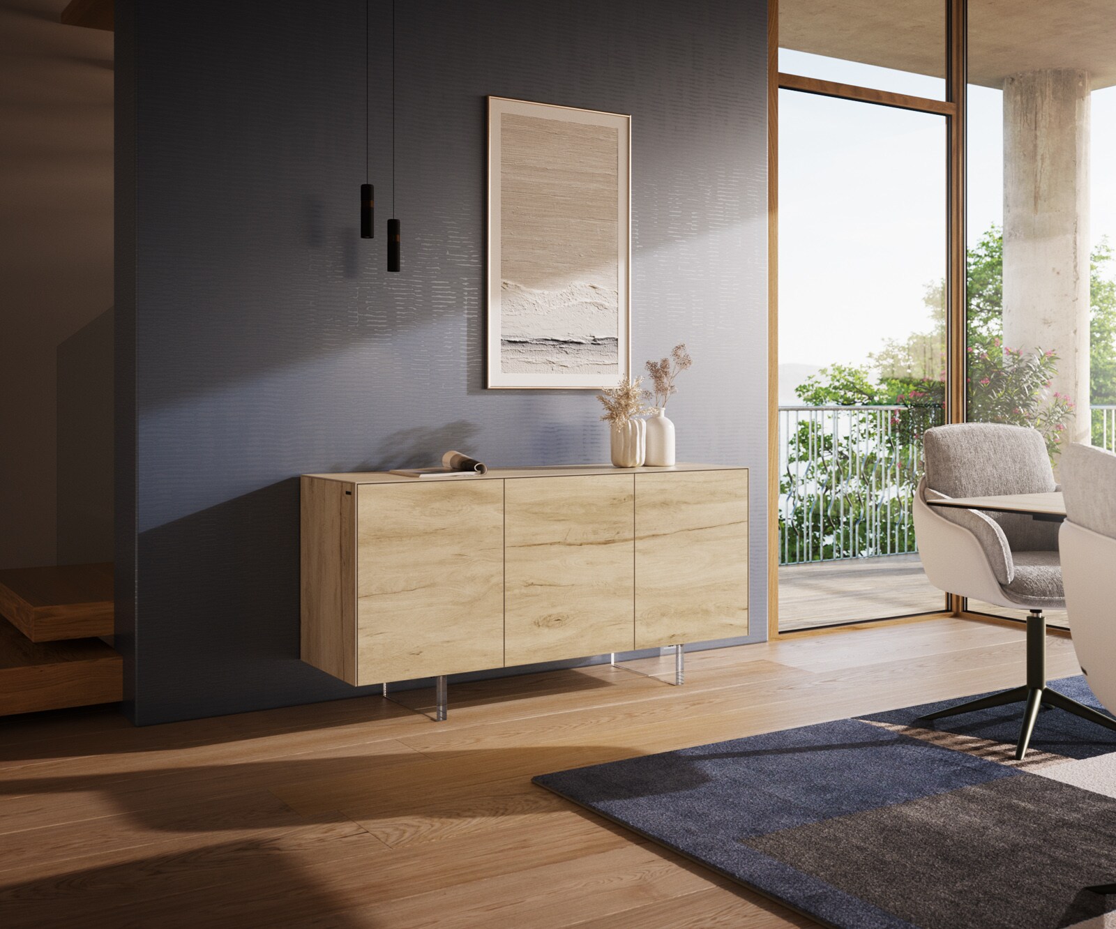 Komoda Cuor 150 cm ceramika Laminam® Sabbia (kolor dębu) 3 drzwi nóżki wąskie szkło akrylowe 1