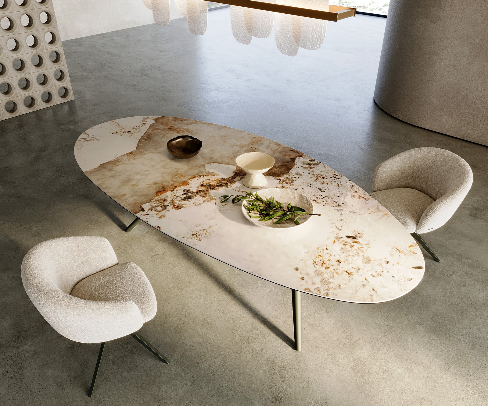 Stół do jadalni Edge owalny 280x130cm ceramika Minas Melange biało-beżowy rama Estelar metal kolor tytanowy 1