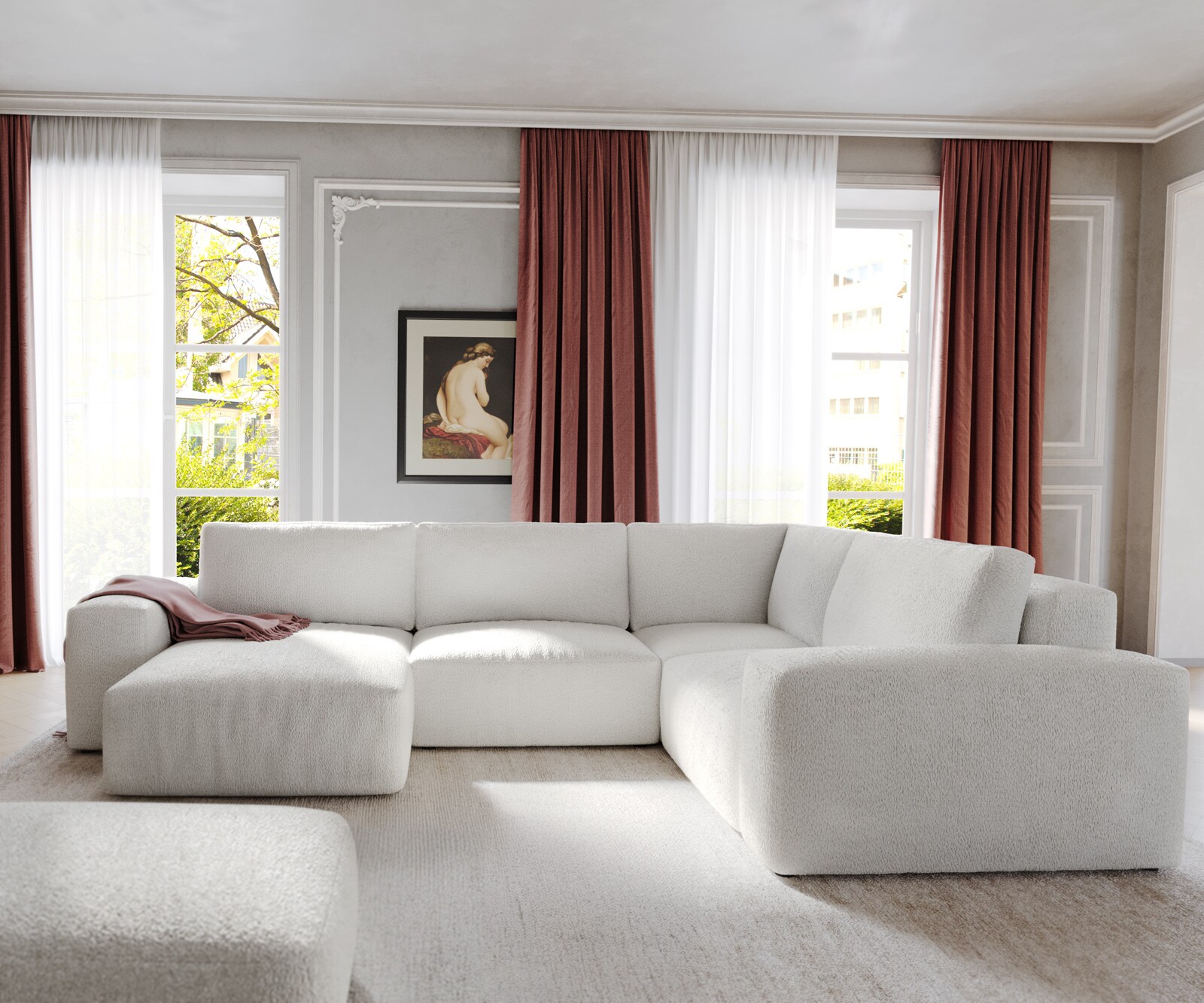 Sofa w kształcie litery U Lanzo 300x210 cm bouclé kremowo-biały szezlong z możliwością obustronnego montażu z pufem 1
