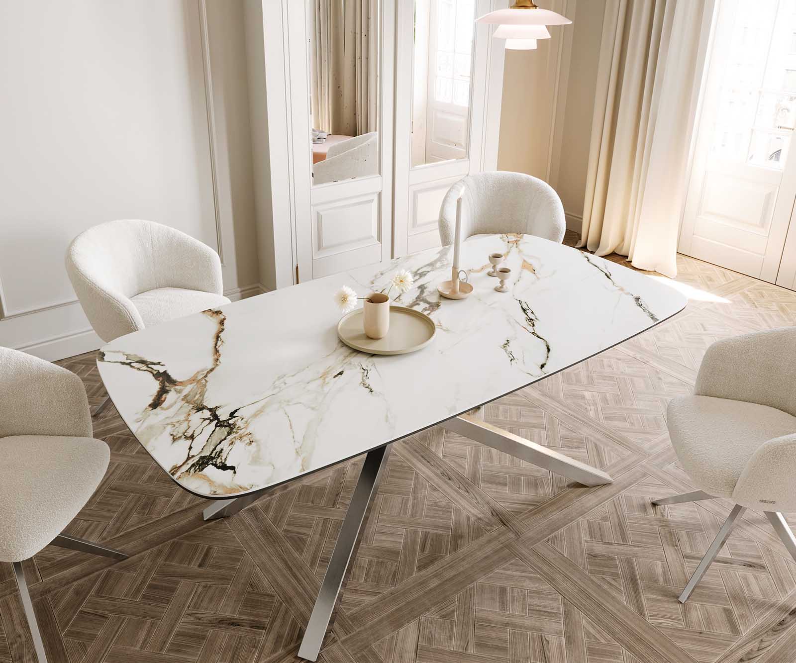 Stół do jadalni Edge kształt beczki 200x100cm ceramika Calacatta Luxe biało-złoto-szary rama Cross stal nierdzewna 4