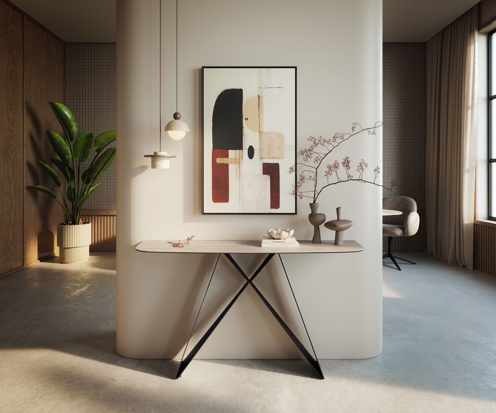 Konsola Edge w kształcie beczki 140x40 cm ceramika Laminam® Travertino Bianco kremowo-biały podstawa Velio metal czarny 4