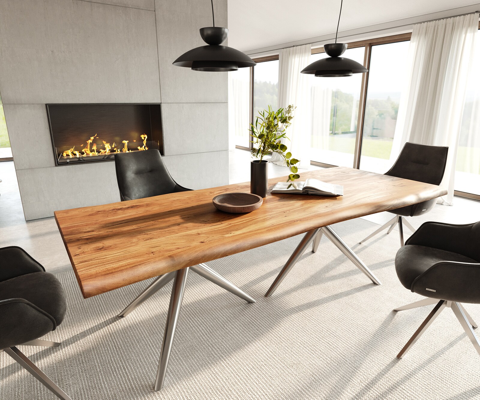 Stół do jadalni Edge 240x100 cm akacja naturalna rama Estelar stal nierdzewna live-edge 1