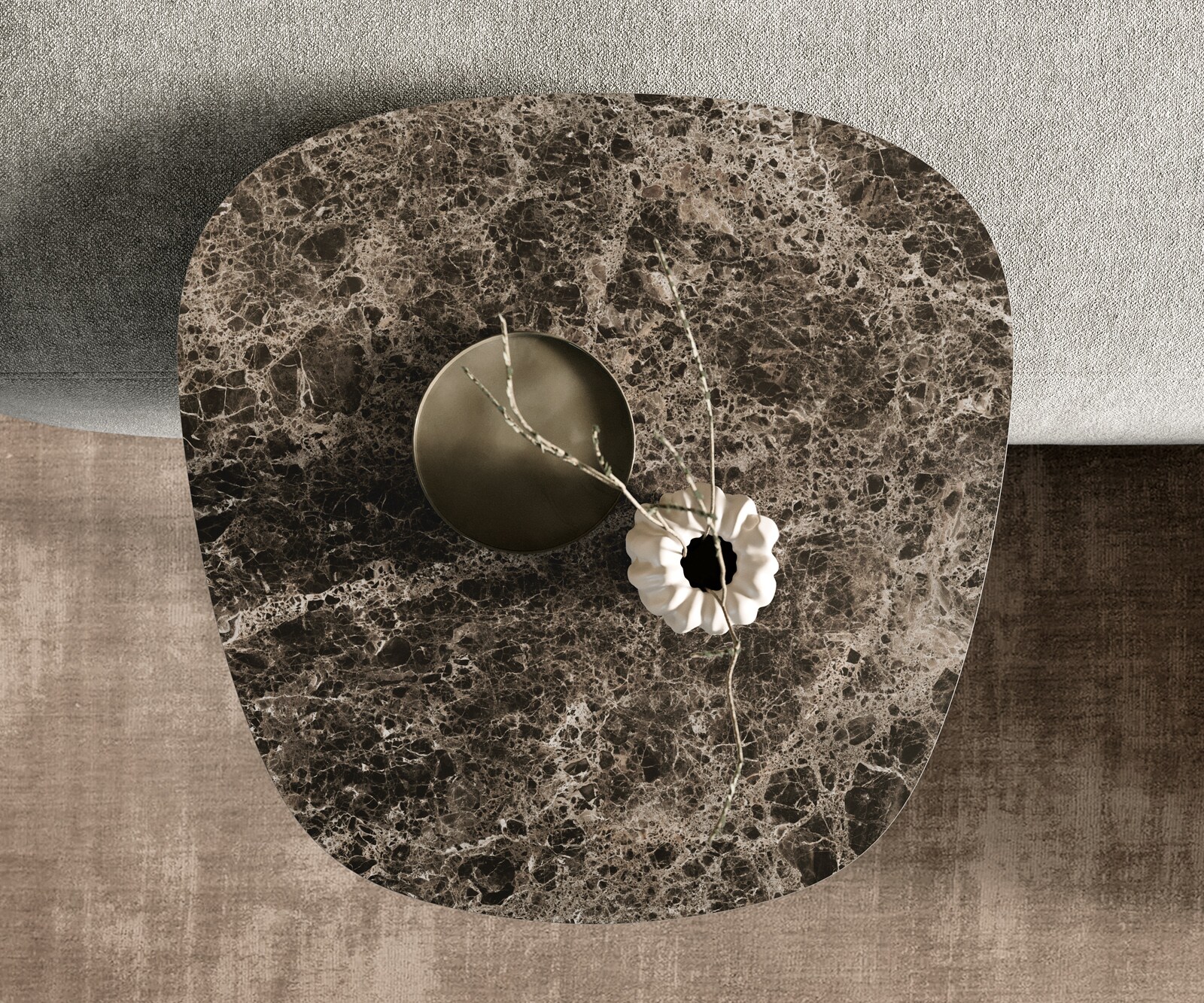 Stolik kawowy Edge w kształcie beczki 60x60 cm Laminam® Emperador Extra Lucidato ciemnobrązowy podstawa Eleny metal czarny 3
