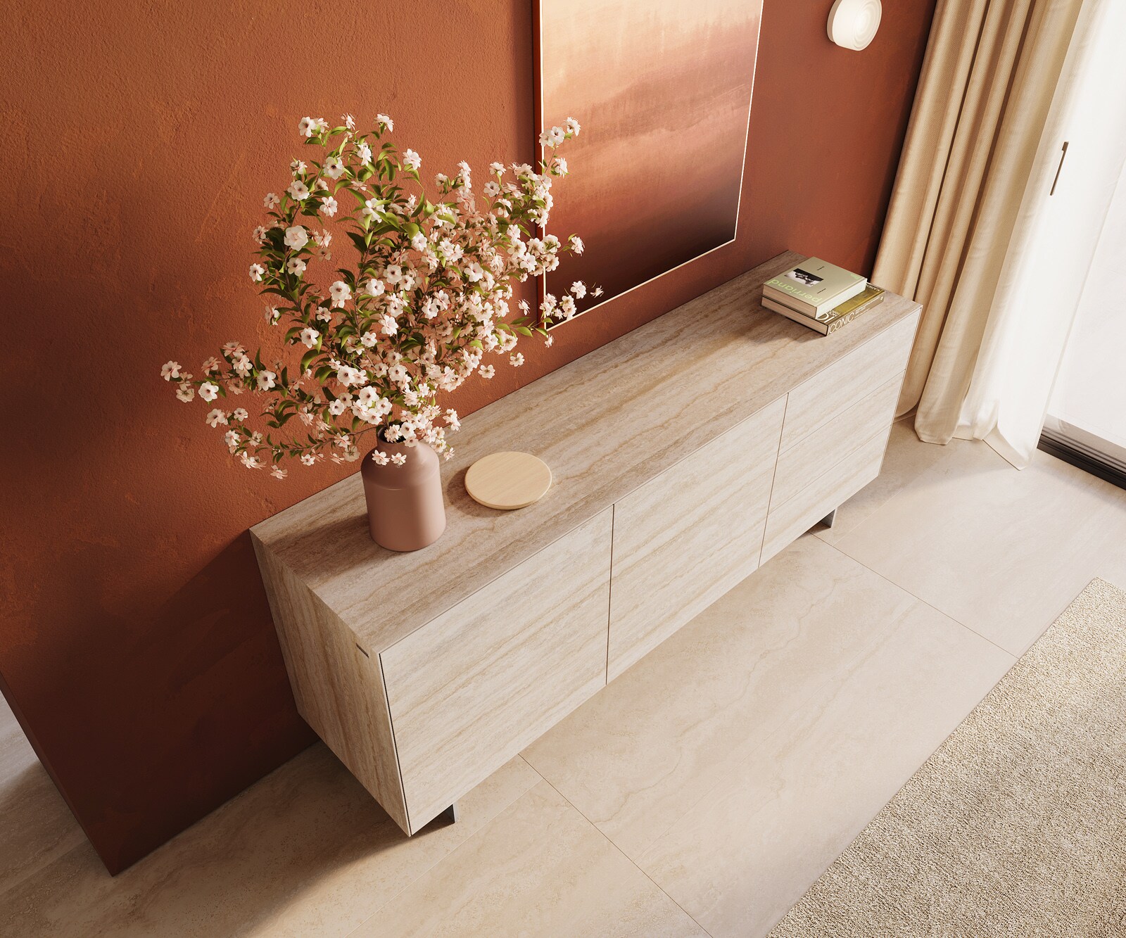 Komoda Cuor 180 cm ceramika Laminam® Travertino Bianco kremowo-biała 2 drzwi 3 szuflady nóżki wąskie stal nierdzewna 4