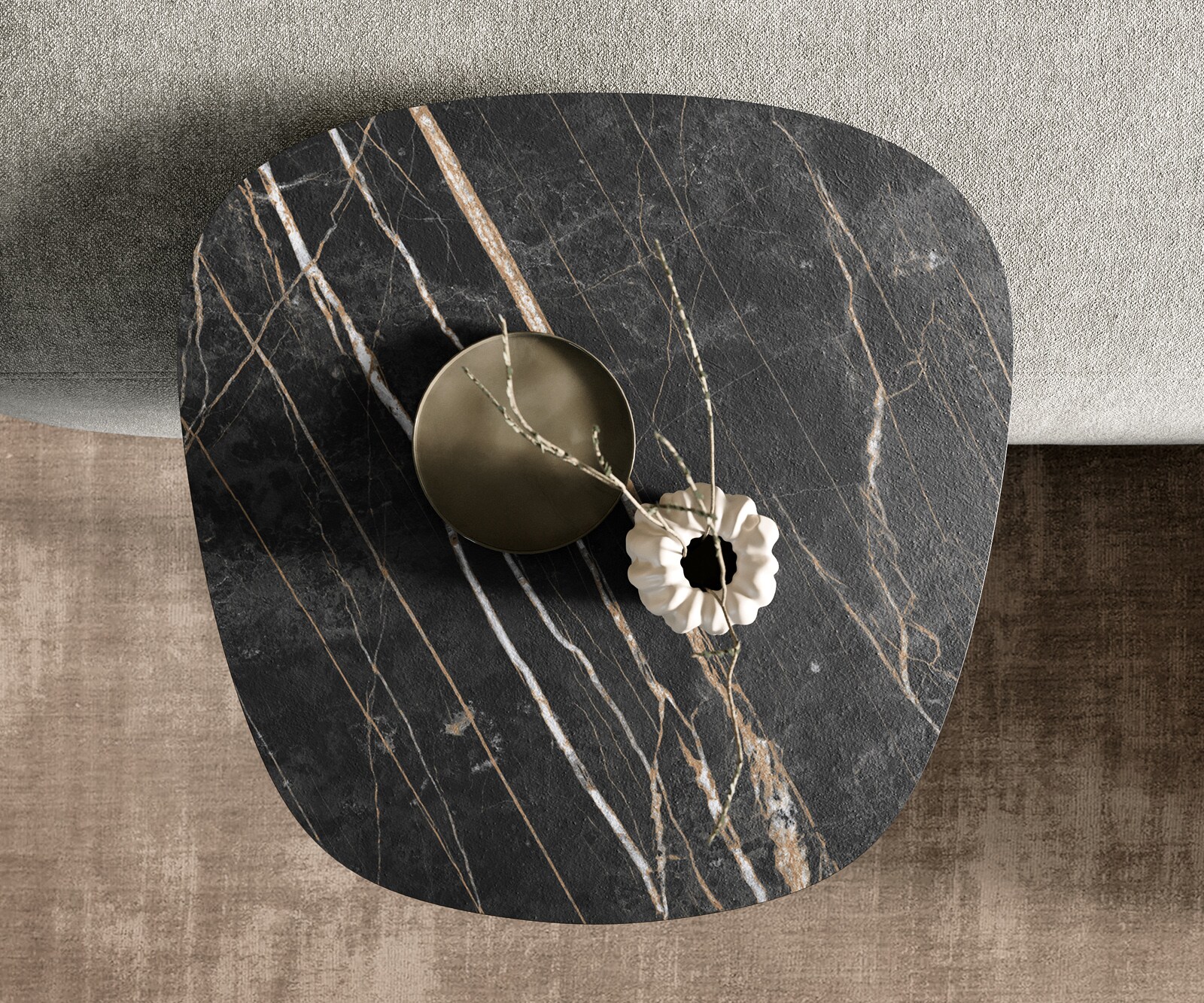 Stolik kawowy Edge w kształcie beczki 60x60 cm Laminam® Noir Desir brązowy podstawa Eleny stal nierdzewna szczotkowana 3