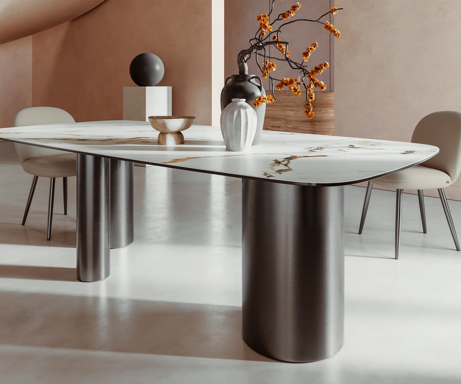 Stół do jadalni Edge kształt beczki 240x120cm ceramika Calacatta Luxe biało-złoto-szary rama Troa stal nierdzewna grafit 6