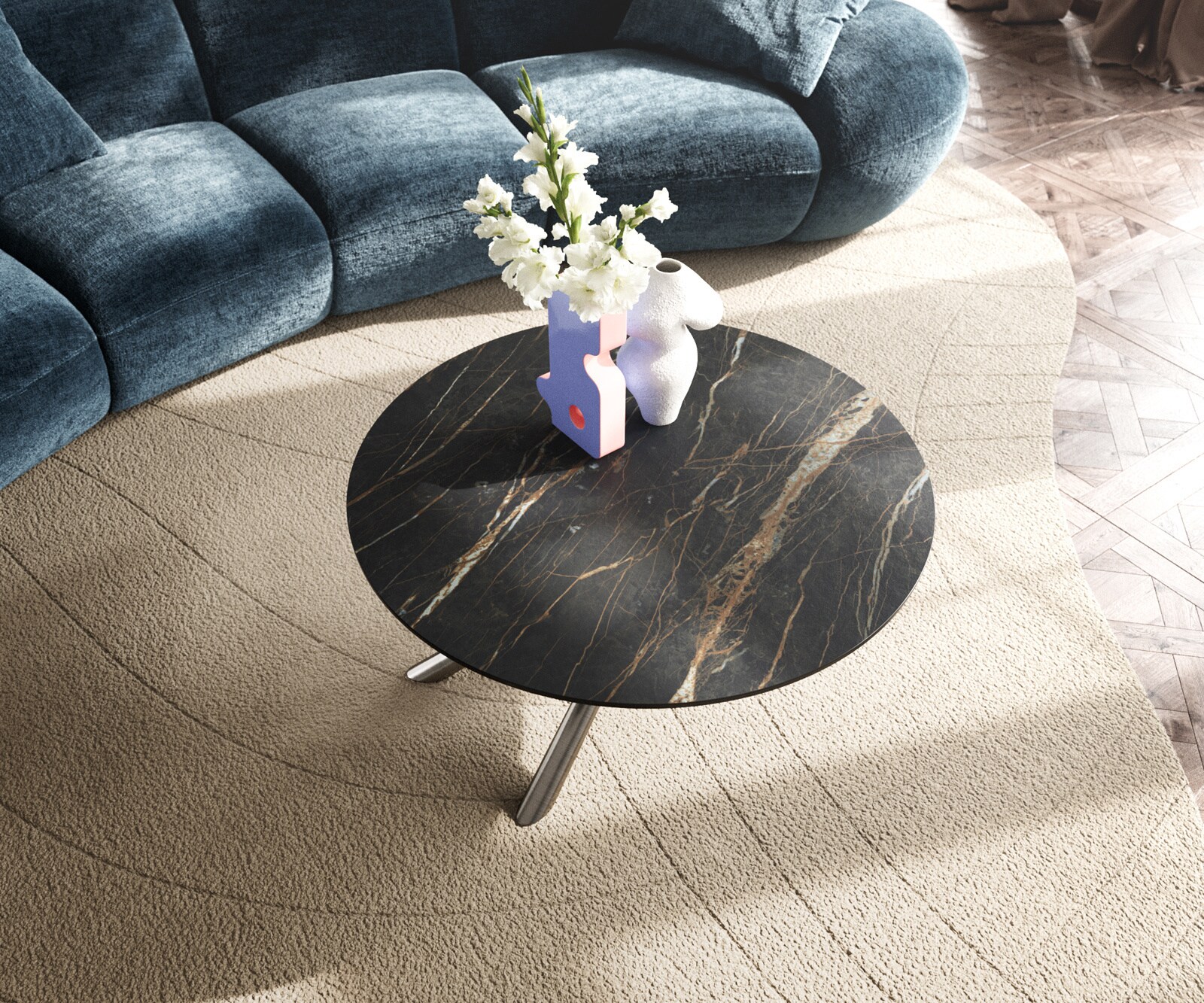 Stolik kawowy Edge okrągły 90x90 cm ceramika Laminam® Noir Desir brązowa podstawa Sarity stal nierdzewna szczotkowana 4
