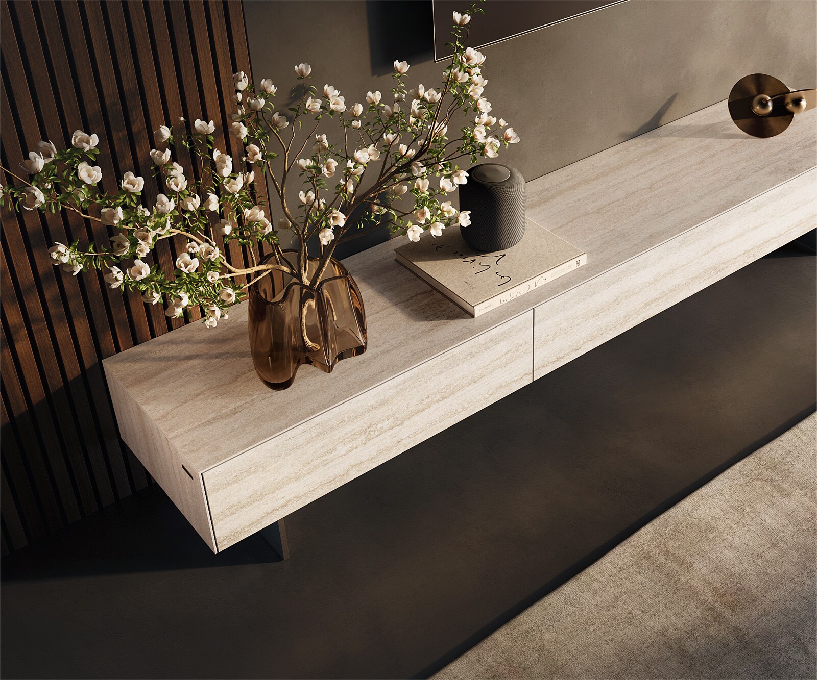 Szafka RTV Cuor 200 cm ceramika Laminam® Travertino Bianco kremowo-biały 1 klapa 1 szuflada nóżki wąskie stal nierdzewna 3