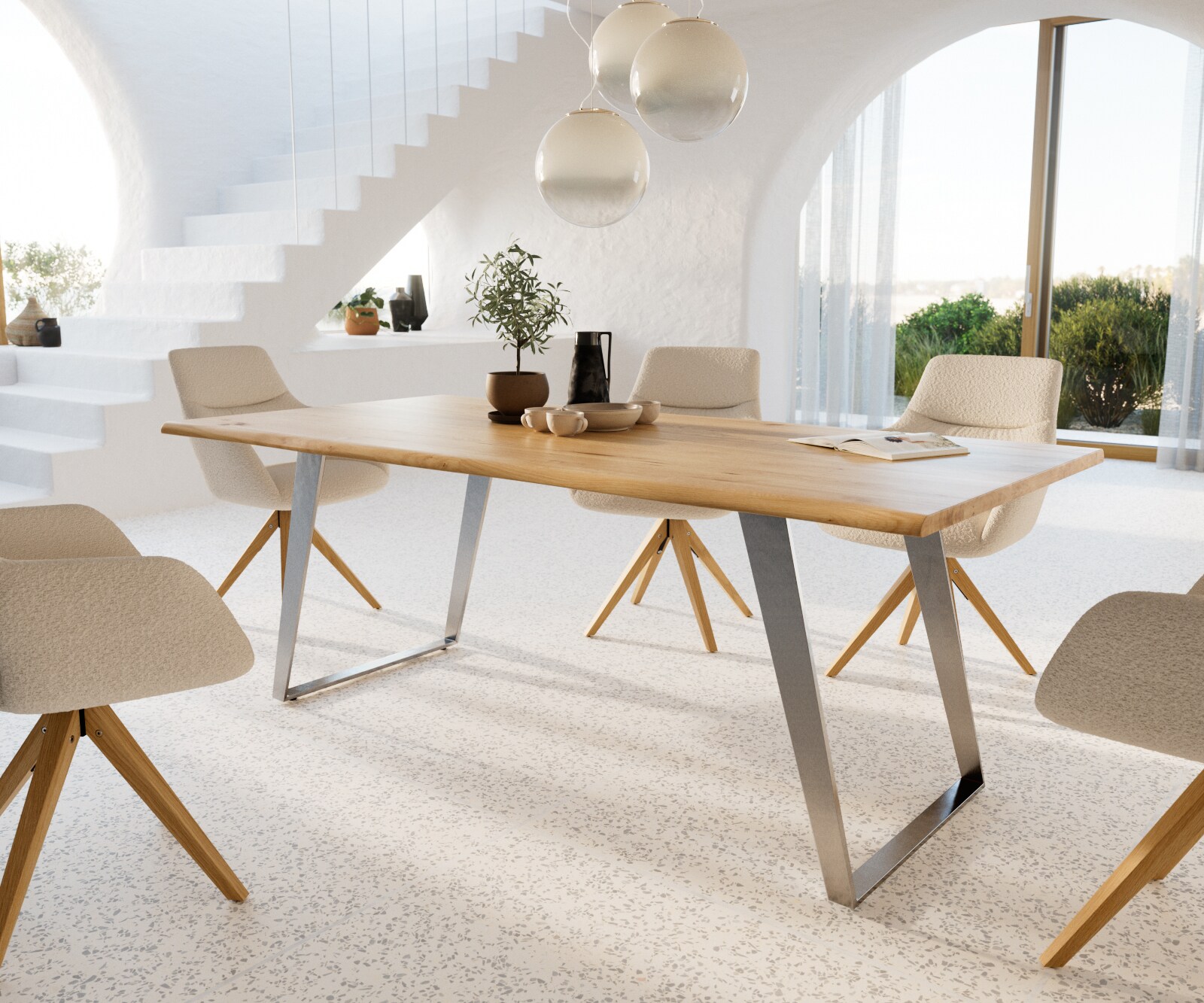 Stół do jadalni Edge 200x100x2,5-3 cm dąb naturalny stal nierdzewna rama pochylona live-edge