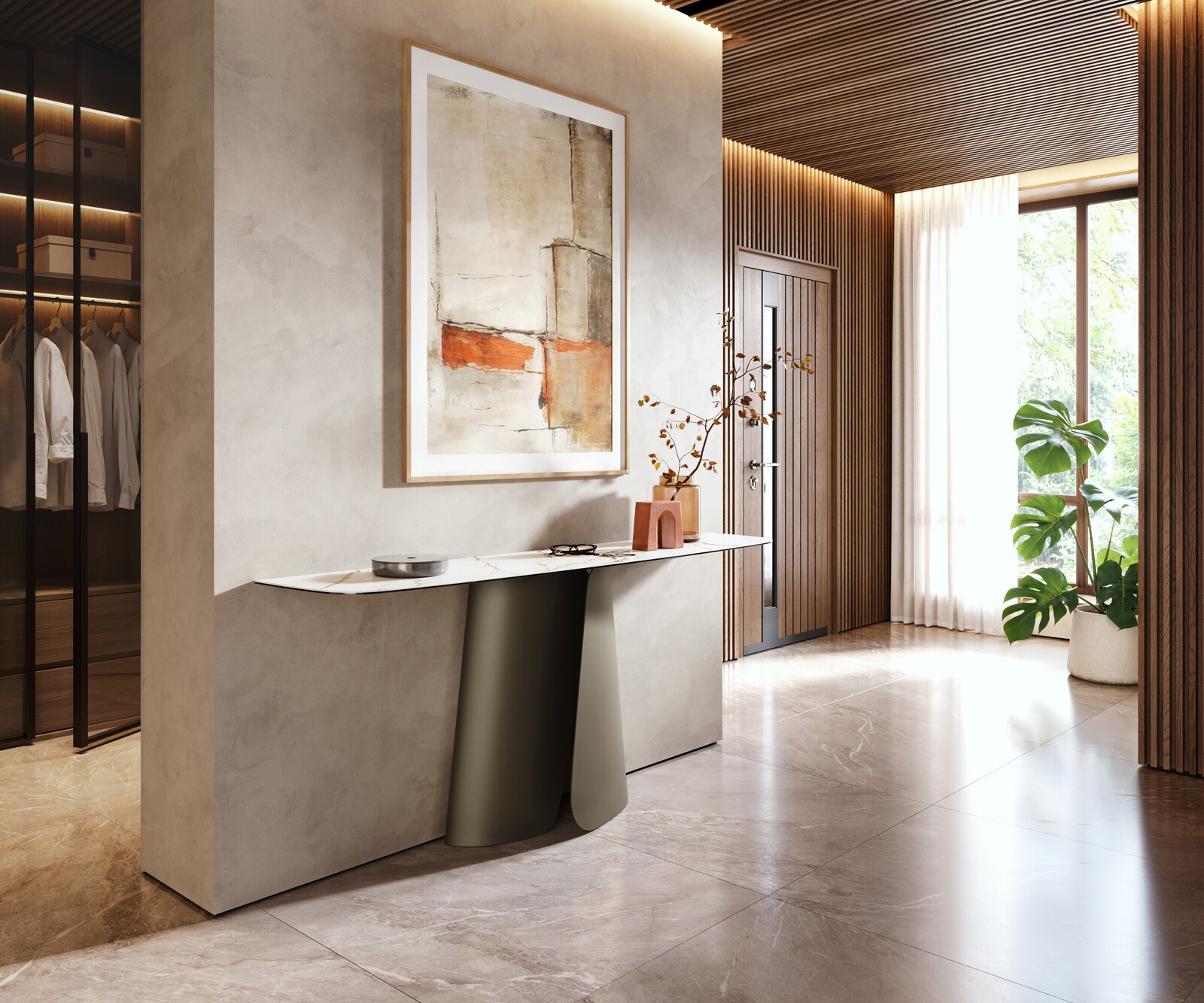 Konsola Edge w kształcie beczki 180x40 cm Calacatta Luxe biało-złoto-szara podstawa Livos metal w kolorze tytanu 6