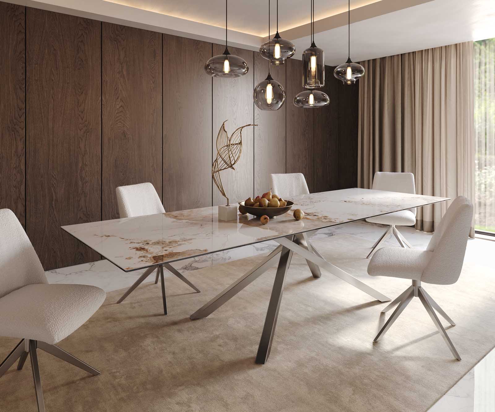 Stół do jadalni Edge 300x100cm ceramika Minas Melange biało-beżowy rama Cross stal nierdzewna 1