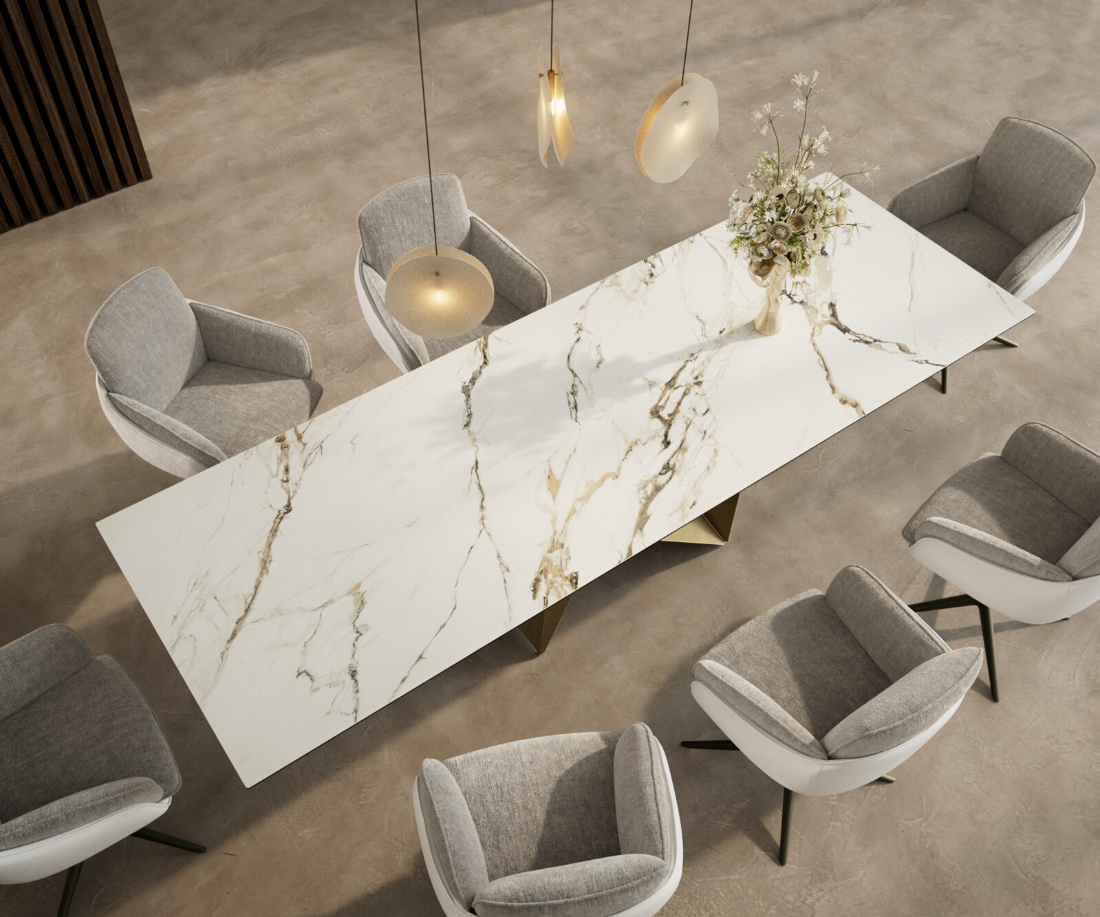 Stół do jadalni Edge 300x100cm ceramika Calacatta Luxe biało-złoto-szary rama Origami metaliczny złoty 3