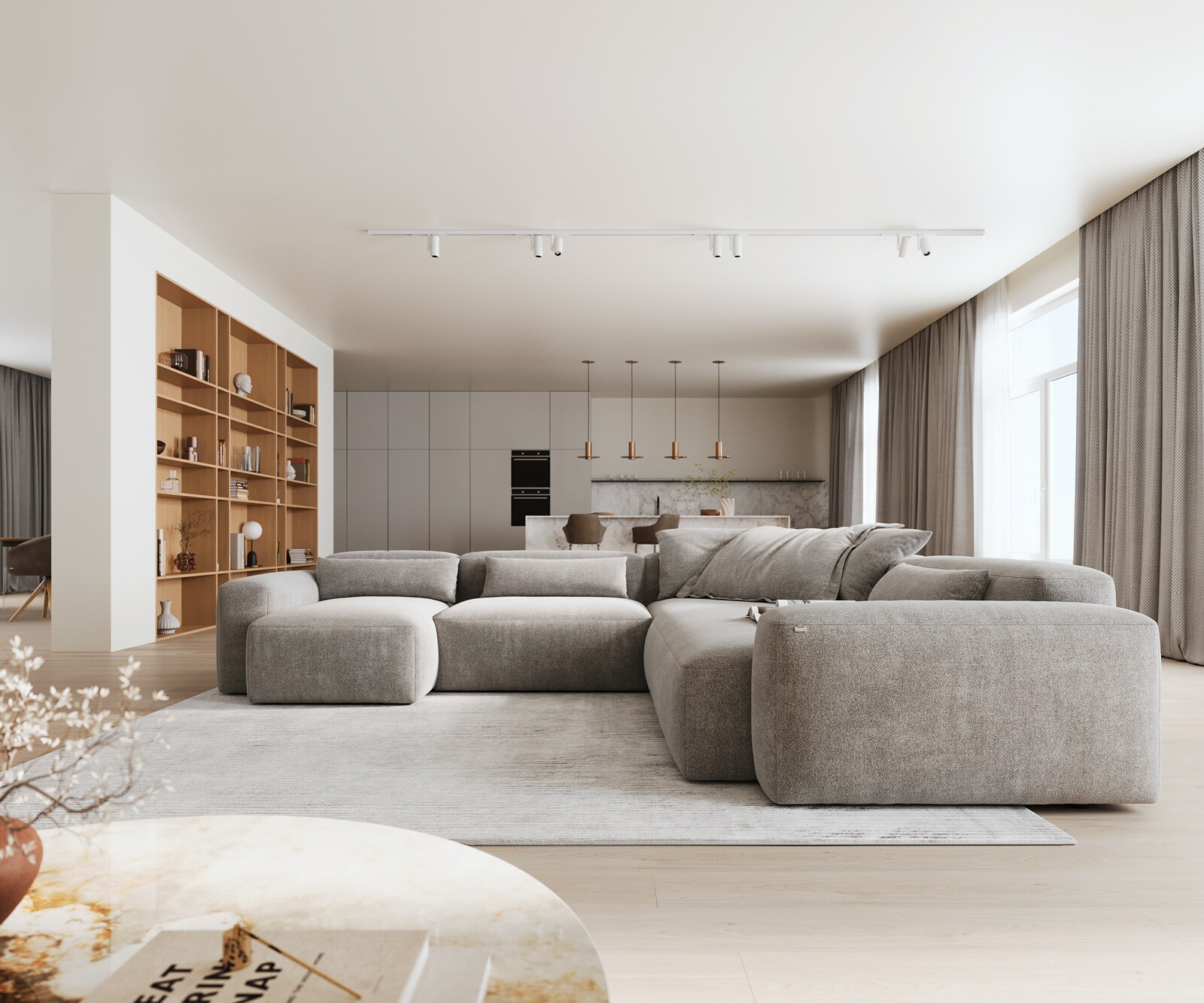 Sofa w kształcie litery U Freestyle 360x290 cm miękka tkanina strukturalna szara szew płaski 1
