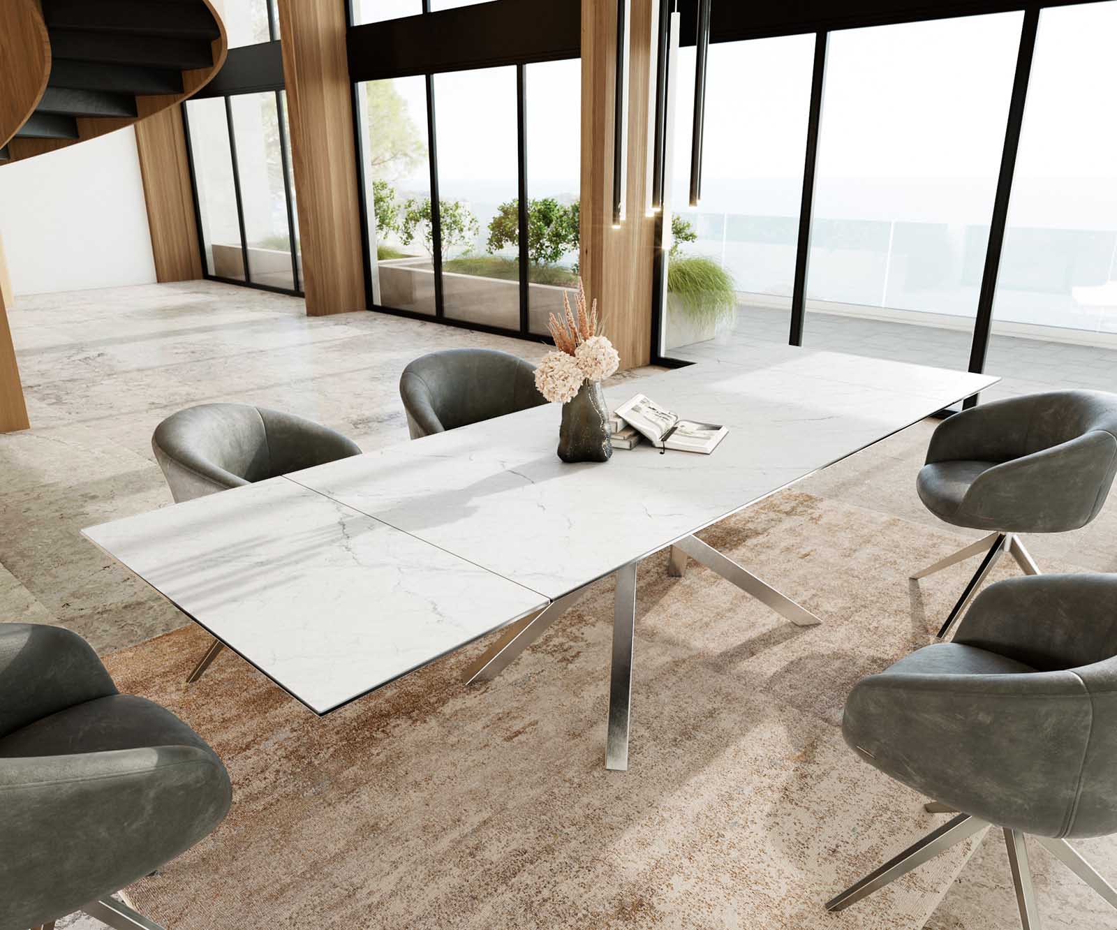 Stół do jadalni Edge 200-300x100 cm ceramika Laminam® Statuarietto biały rama Cross stal nierdzewna rozkładany 1