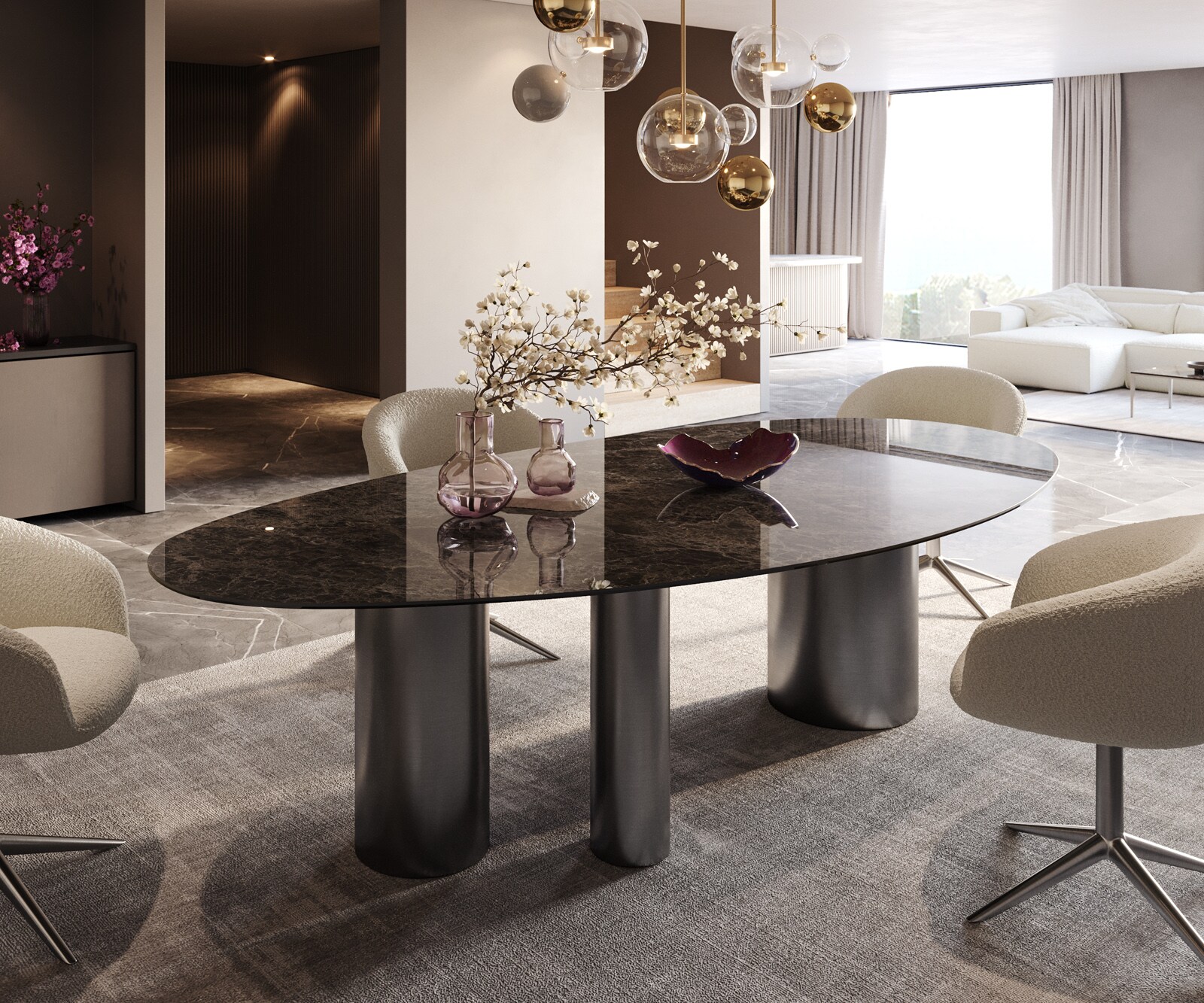 Stół do jadalni Edge owalny 280x130cm ceramika Emperador Extra Lucidato ciemnobrązowa rama Troa stal nierdzewna kolor grafitowy 1