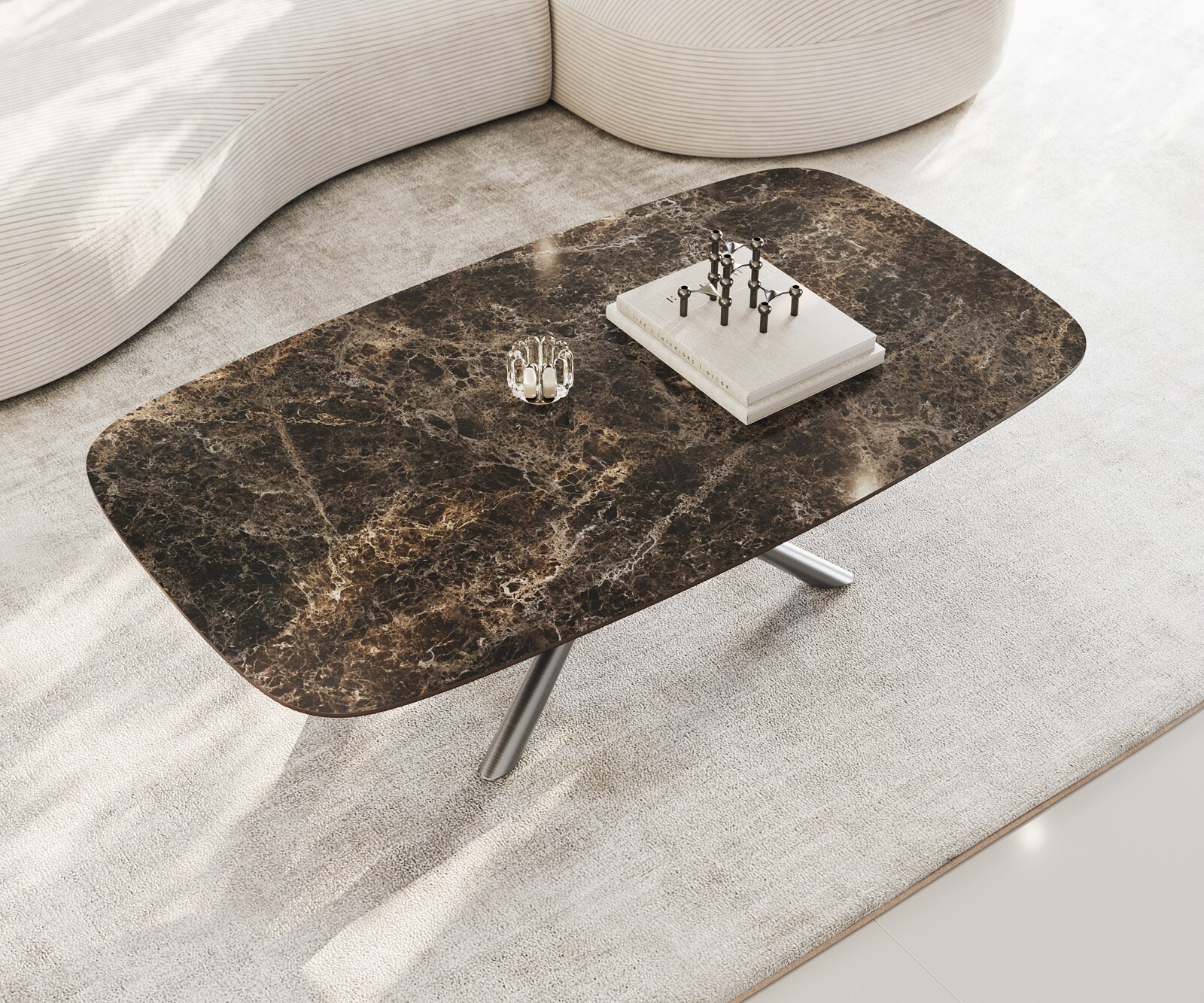 Stolik kawowy Edge w kształcie beczki 140x80 cm ceramika Laminam® Emperador Extra Lucidato ciemnobrązowy Sarity stal nierdzewna szczotkowana 4